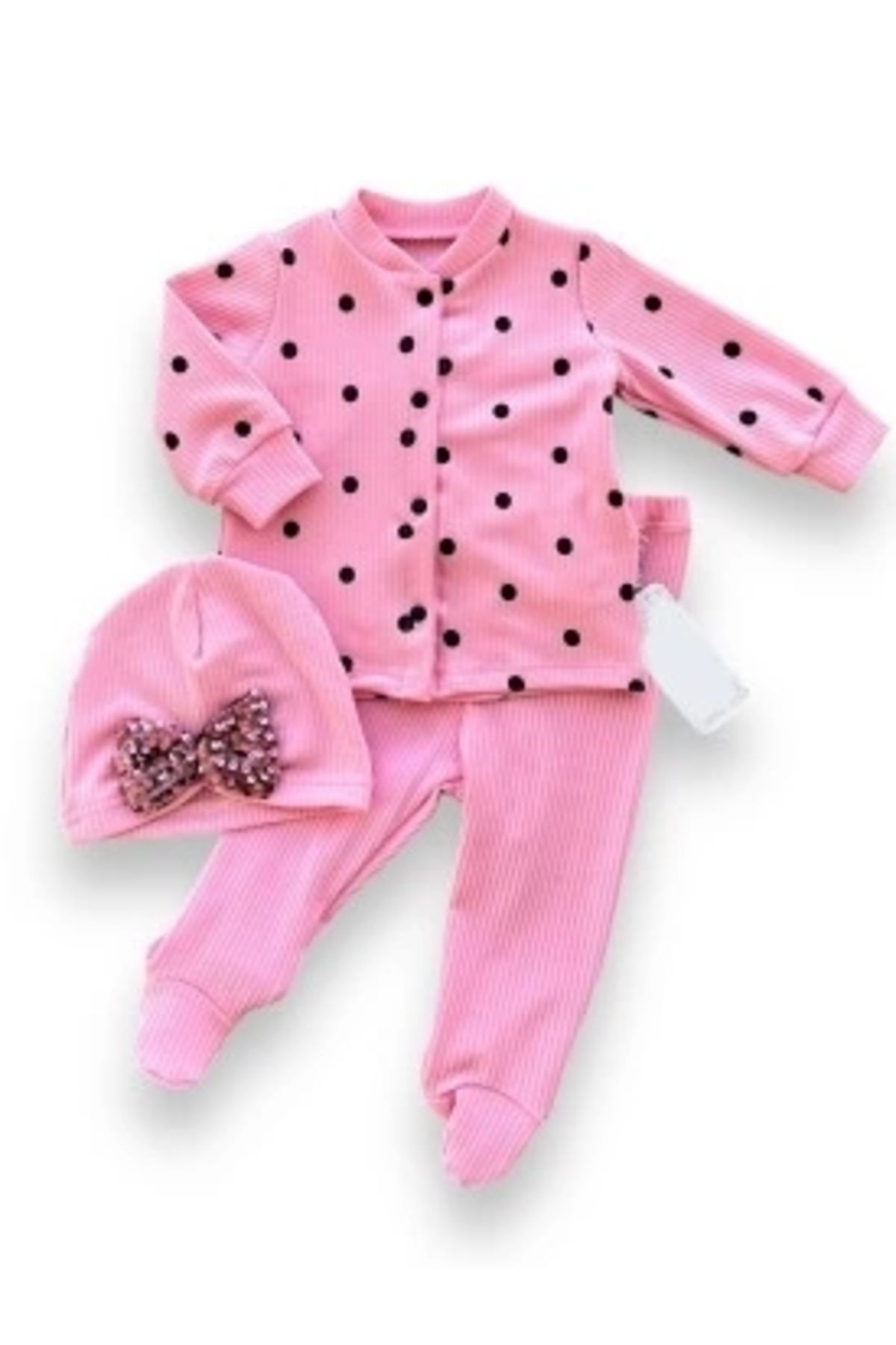 Diji Baby 3-6-9-12 Ay Puantiyeli Şapkalı Çıtçıt Kapamalı Patikli 3lü Kız Bebek Takımı