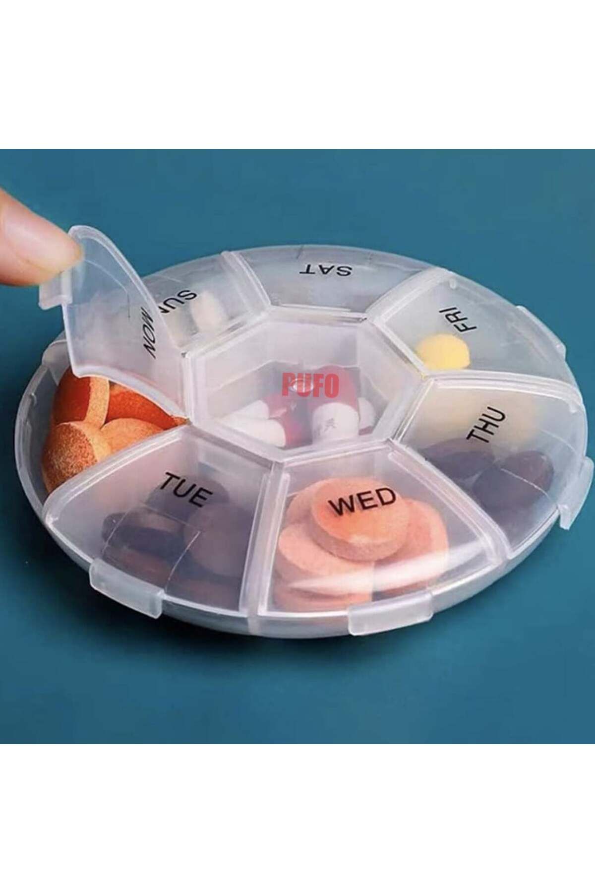 PUFO-Round box for organizing medicines, vitamins or supplements for a week, Pufo Pill, 9 cm, transparent 5