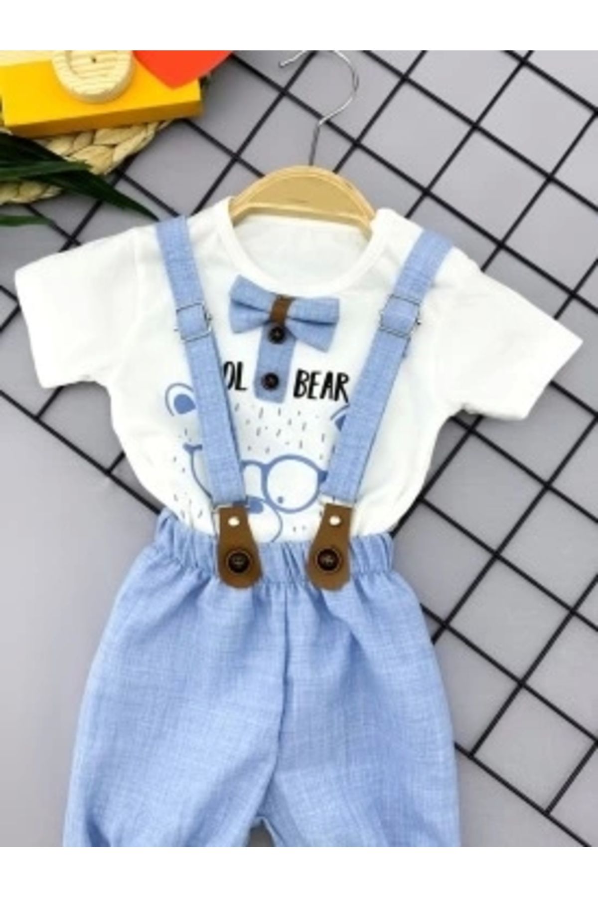 Diji Baby 9-12-18-24 Ay Papyon Detaylı Keten Şort Salopet Tişörtlü 2li Erkek Bebek Takımı