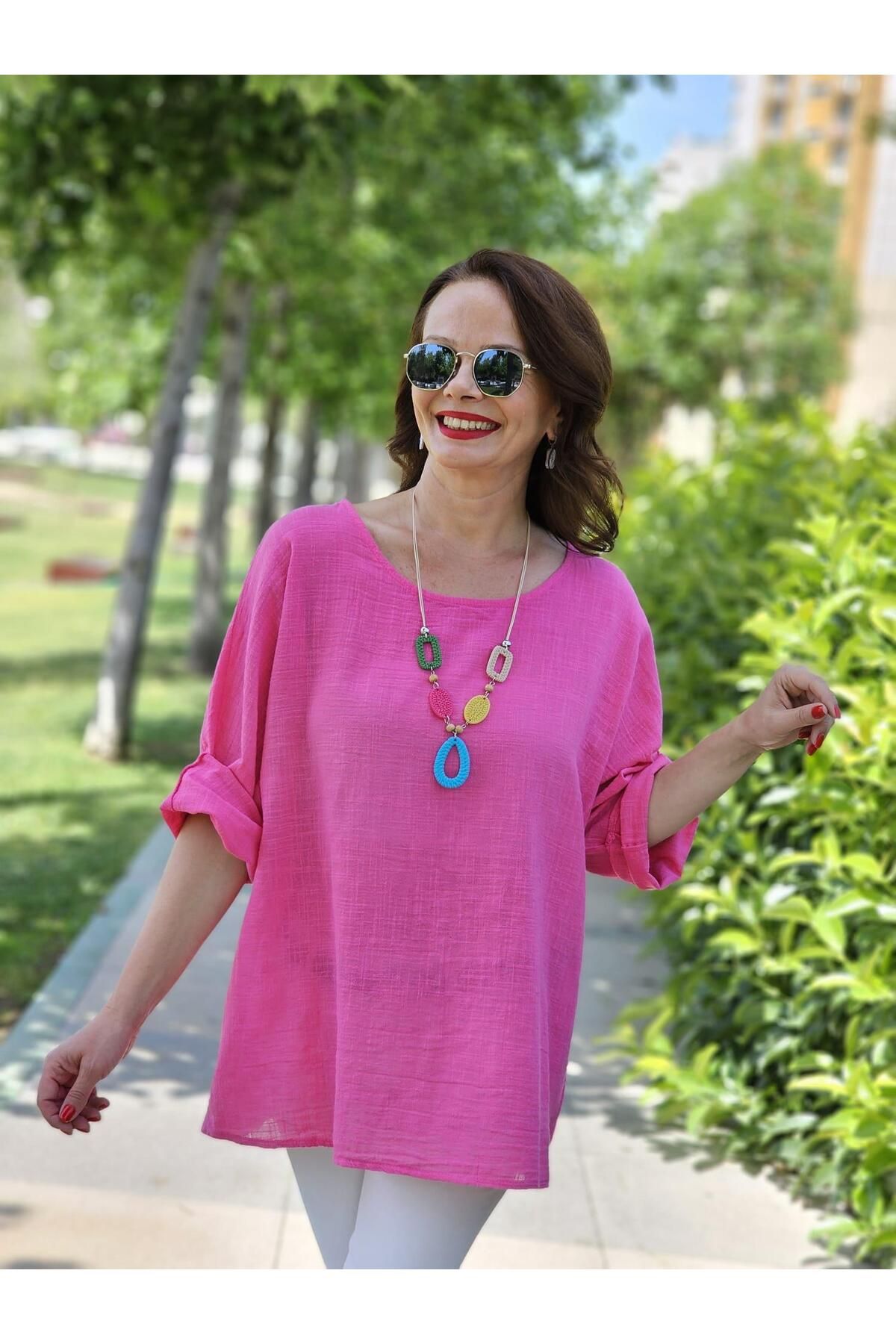 Felix Butik Kolyeli Rahat Kalıp İthal Pembe Pamuk Bluz