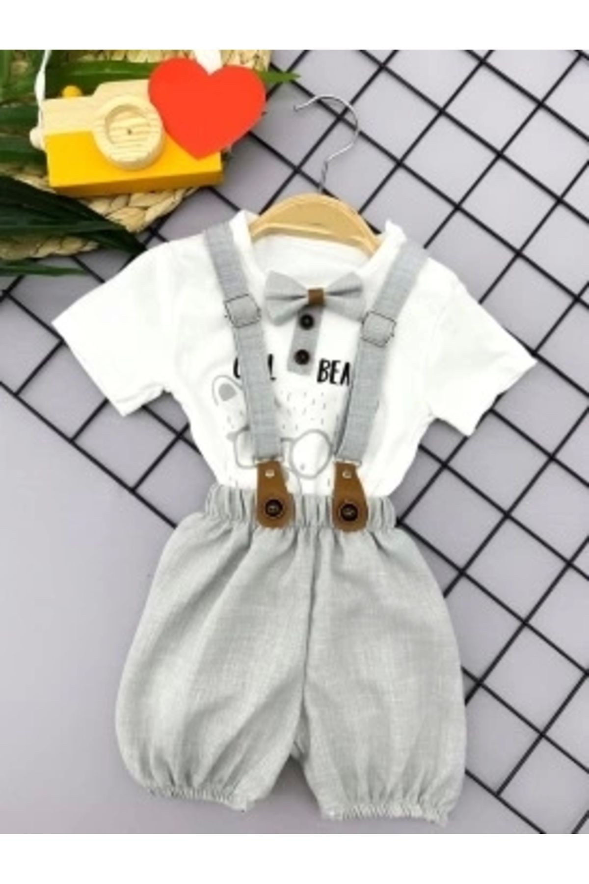 Diji Baby 9-12-18-24 Ay Papyon Detaylı Keten Şort Salopet Tişörtlü 2li Erkek Bebek Takımı