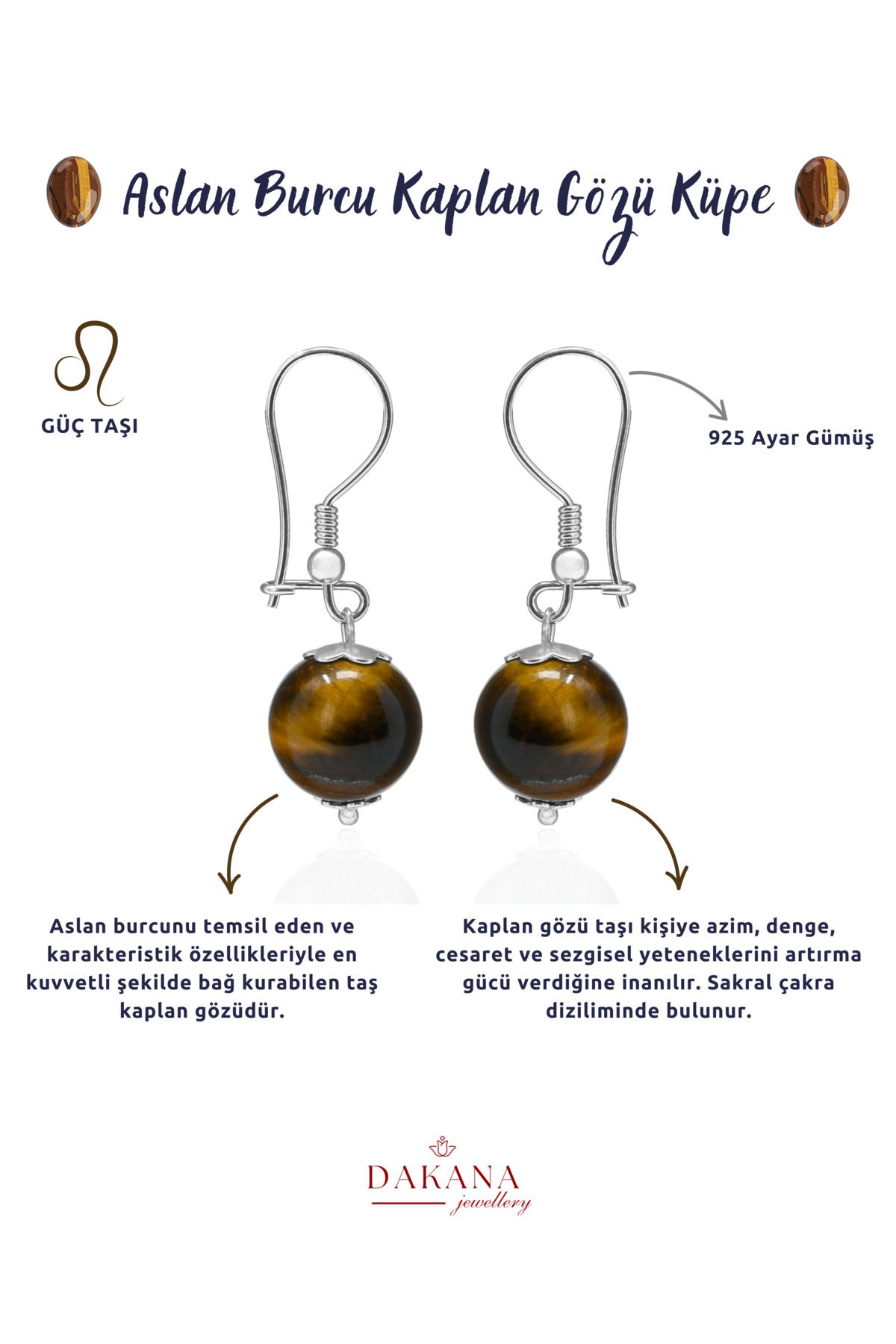 DAKANA JEWELLERY Sertifikalı Kaplan Gözü Doğal Taş Aslan Burcu Gümüş Küpe