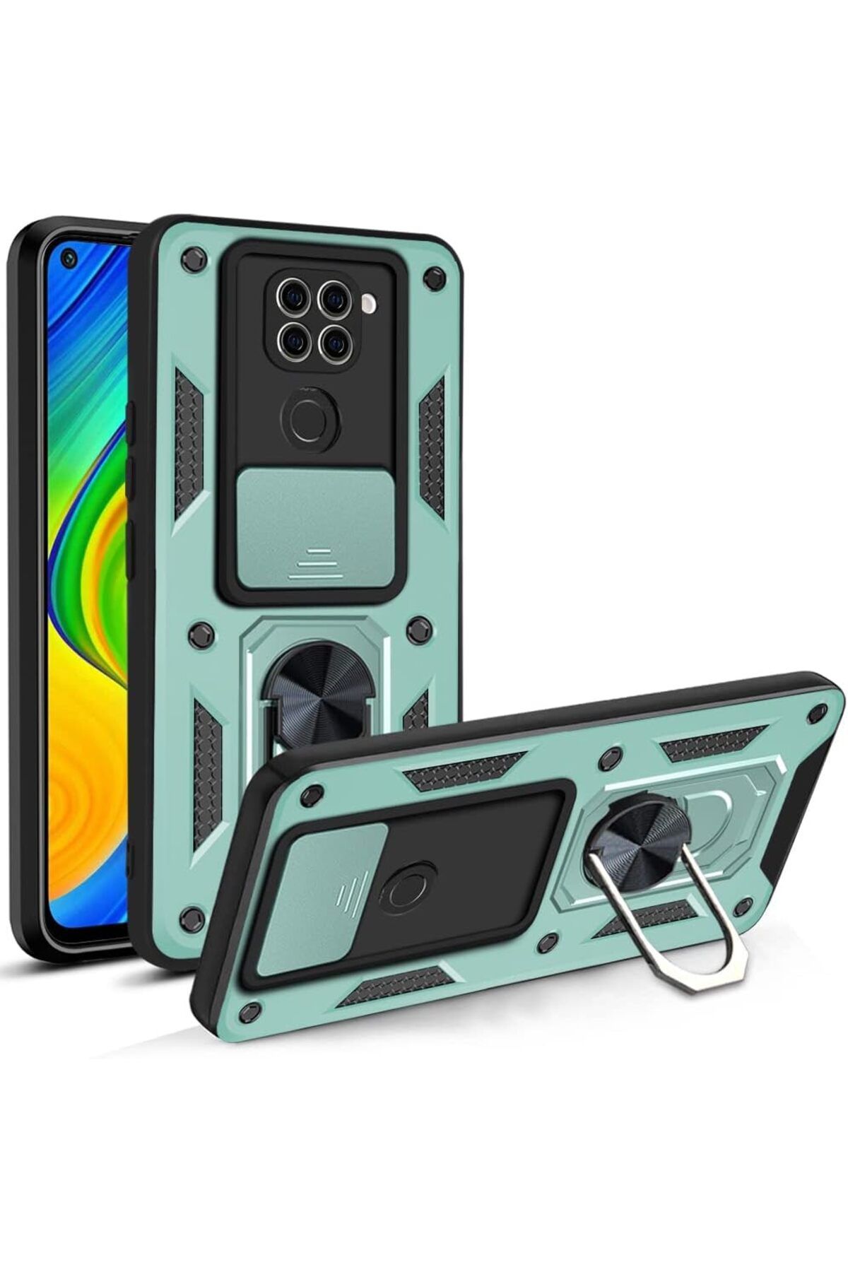 Rivor Xiaomi Redmi Note 9 Uyumlu Kılıf Kamera Sürgülü Standlı Yüzüklü Darbe Emici Zırh Koruyucu Tank Kapak