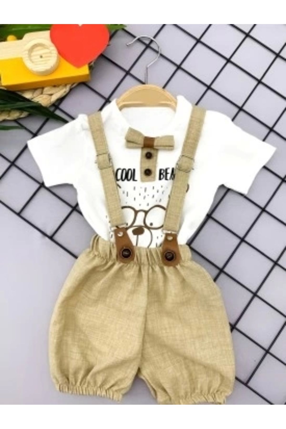Diji Baby 9-12-18-24 Ay Papyon Detaylı Keten Şort Salopet Tişörtlü 2li Erkek Bebek Takımı