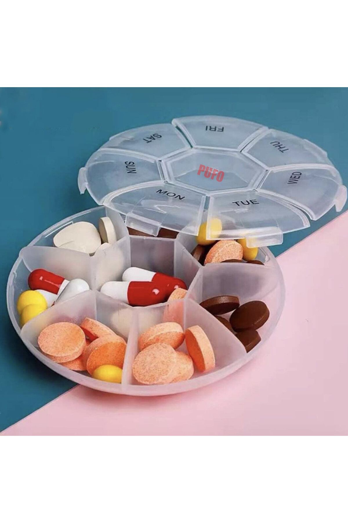 PUFO-Round box for organizing medicines, vitamins or supplements for a week, Pufo Pill, 9 cm, transparent 6