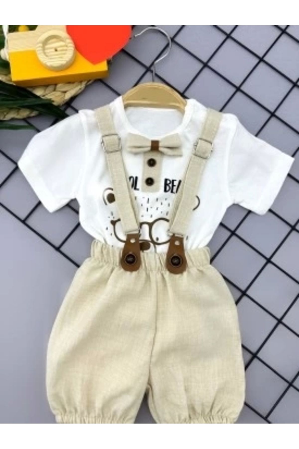 Diji Baby 9-12-18-24 Ay Papyon Detaylı Keten Şort Salopet Tişörtlü 2li Erkek Bebek Takımı