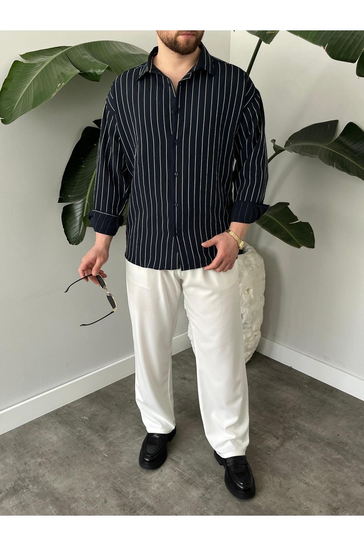 HAWKKİNG Erkek Oversize Çizgili Modal Gömlek