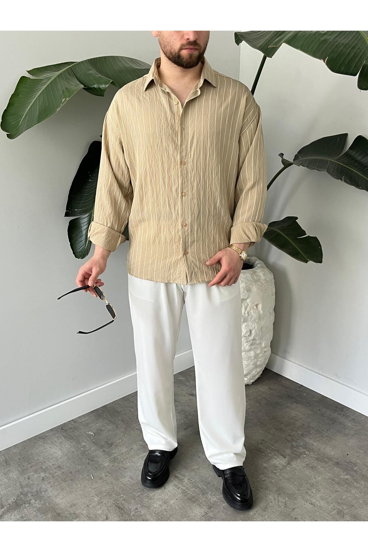 HAWKKİNG Erkek Oversize Çizgili Modal Gömlek