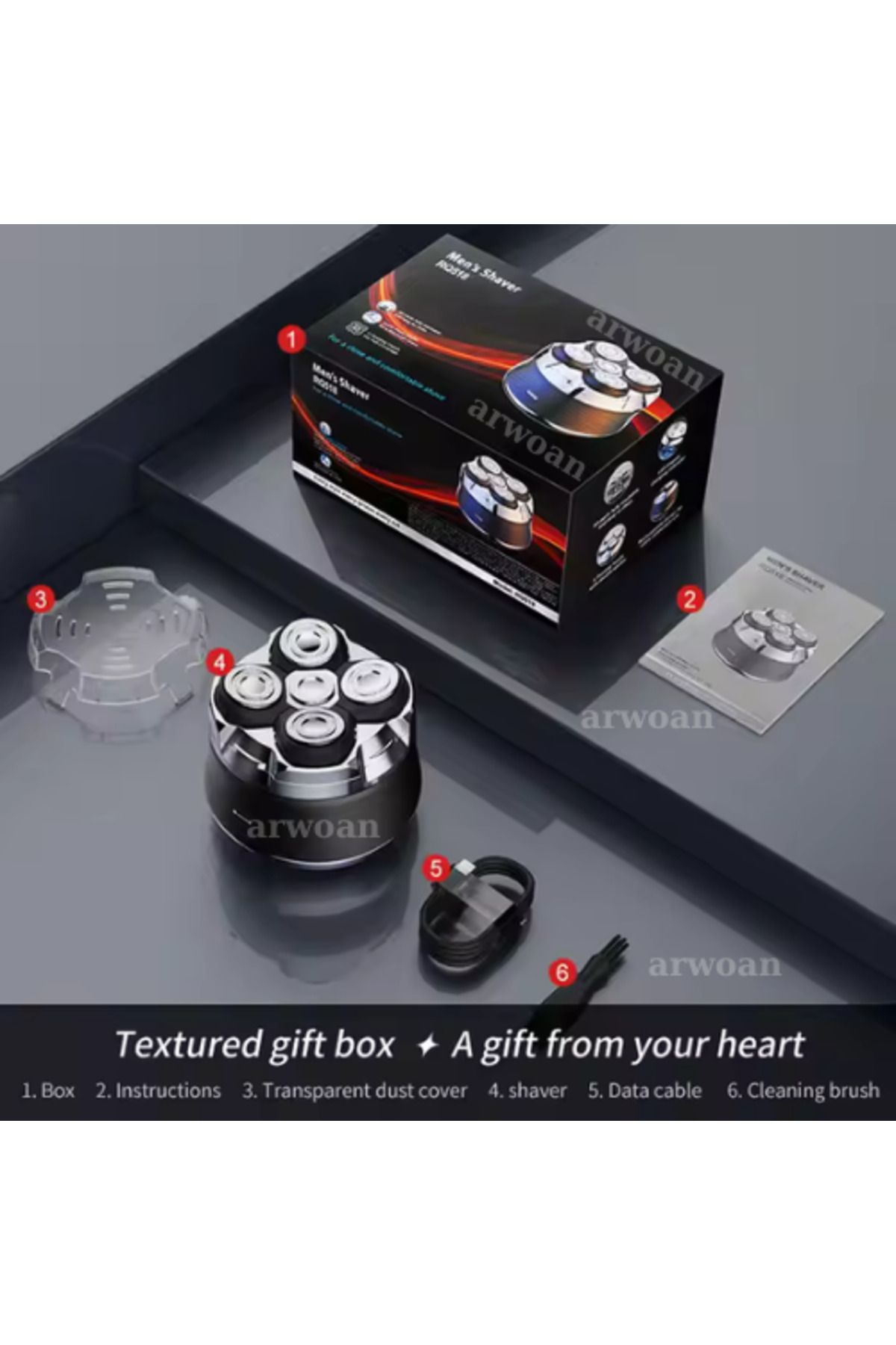 ARWOAN RQ518 Günlük Tıraş Makinesi Kel Kafa Sakal ve Baş Tıraşı İçin, 5 Başlıklı, USB Şarjlı, Su Geçirmez