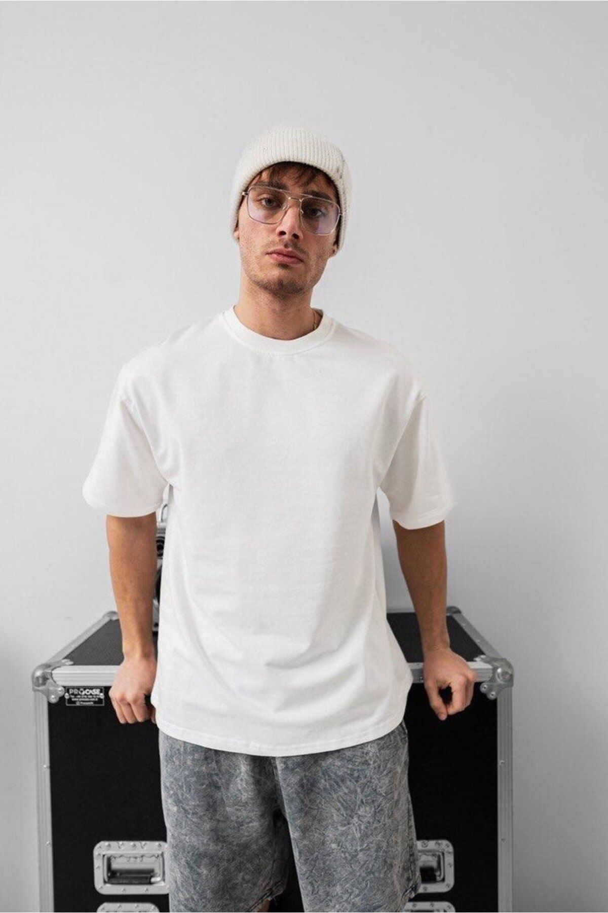 PLÜTON GİYİM Erkek Basic Oversize Beyaz Bisiklet Yaka Tişört
