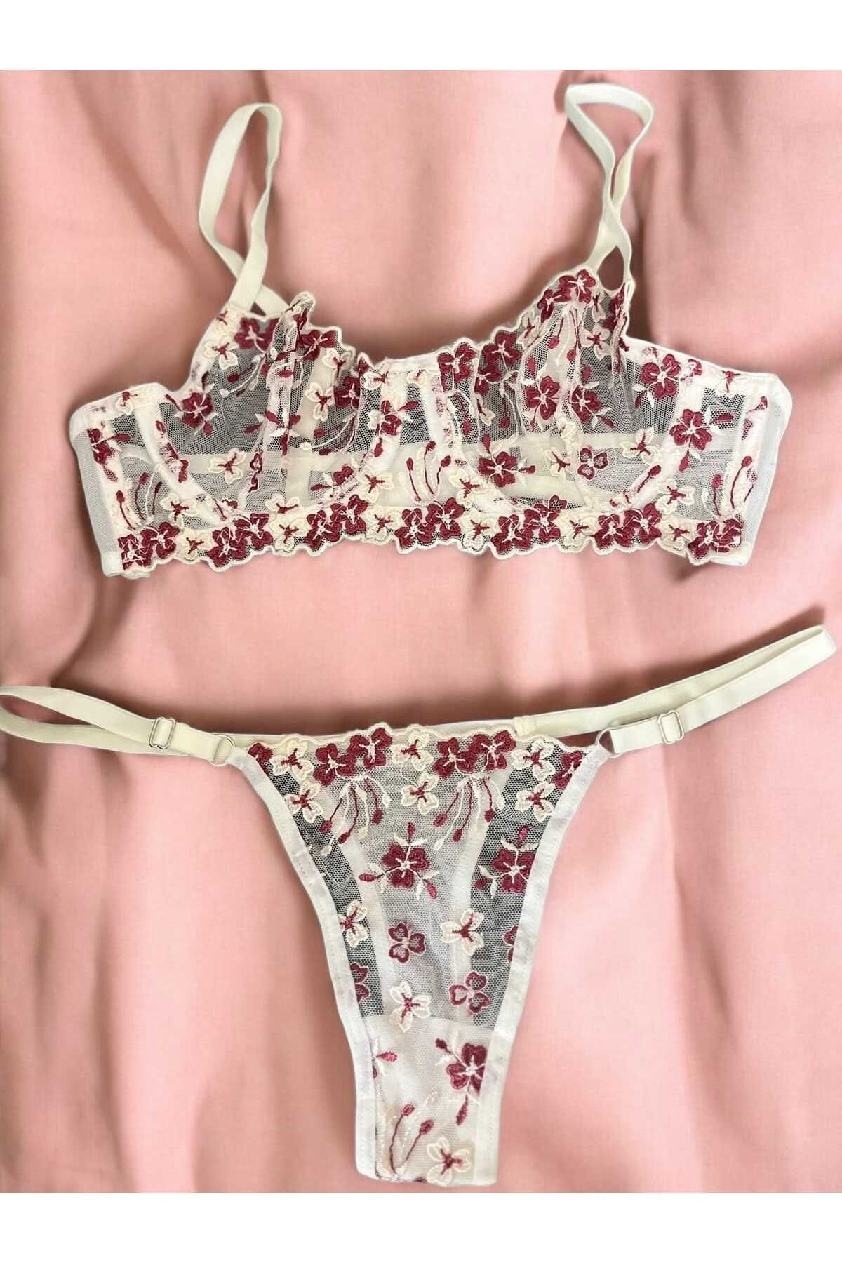 hepimiz alalım Dantel İşlemeli Transparan Çiçek Desenli Bralet ve String Takım