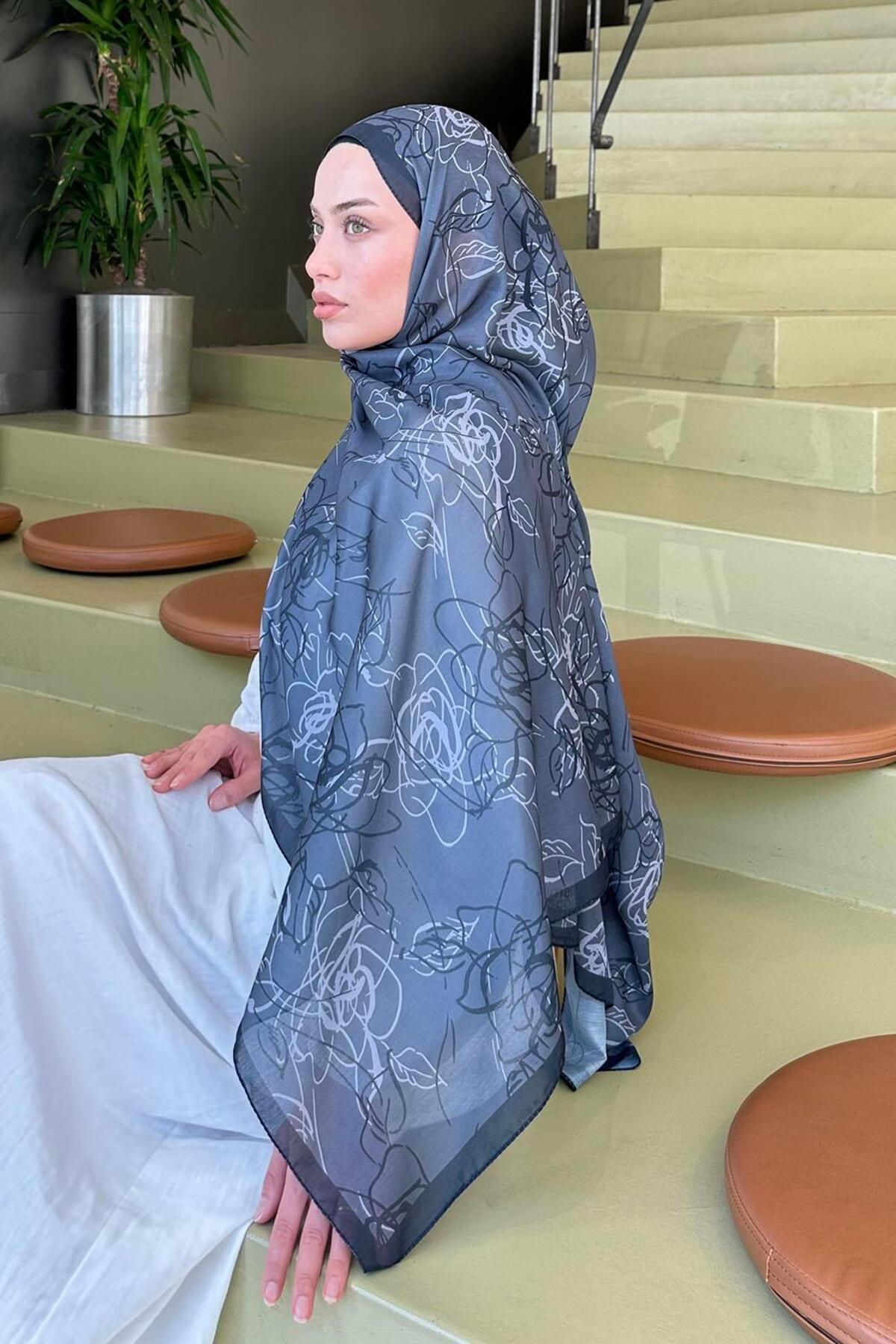 lamelif-Flower Pattern Soft Shawl Anthracite 3