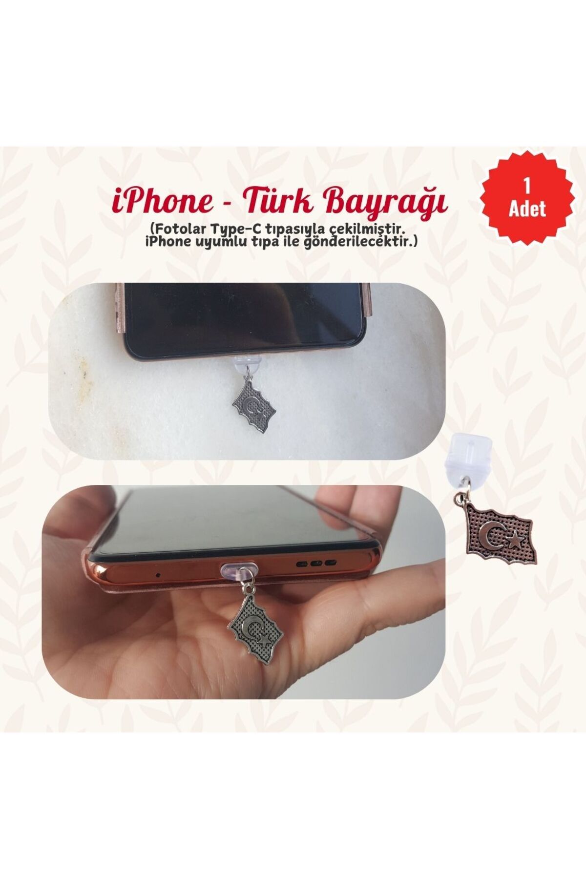MUTLUYÜZ iPhone -Türk Bayrağı- Telefon Şarj Portu Toz Tıpası Süsü, Telefon Aksesuar, Charm