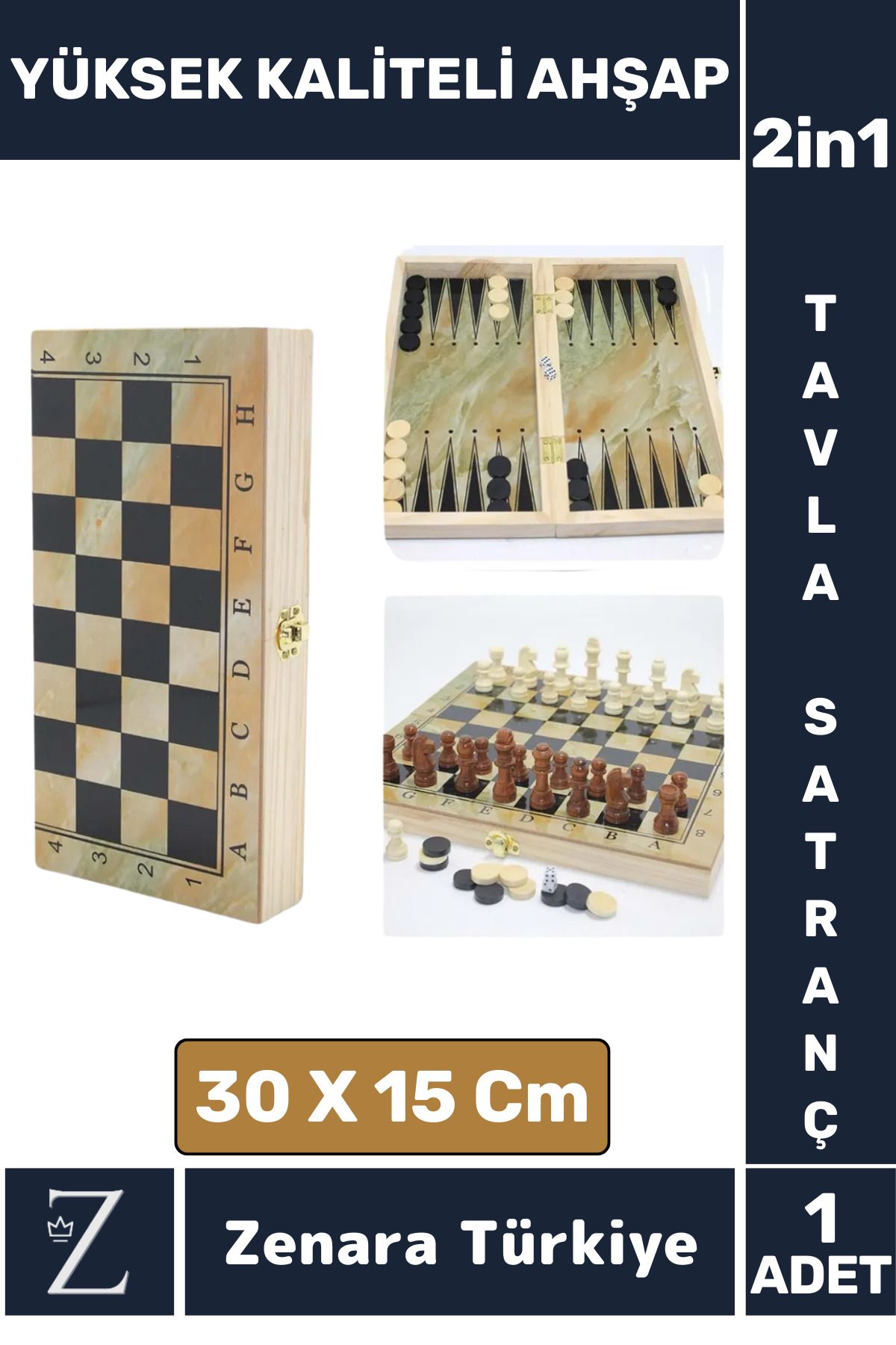 Zenara Premium Yüksek Kaliteli Ahşap Arkadaş Oyun Hediyelik Ahşap Tavla Satranç 2 in 1 Oyun Seti 30 X 15 Cm