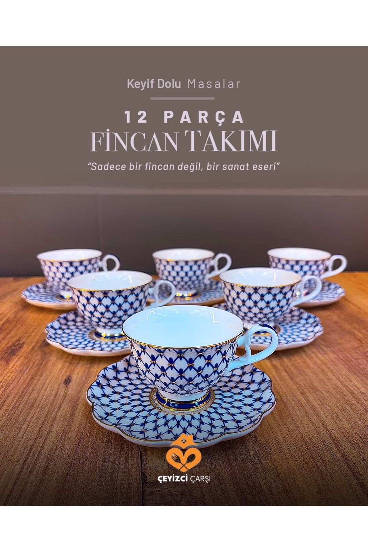 ÇEYİZCİ ÇARŞI ARADIĞIN HERŞEY TEK TIKLA 12 Parça Mavi Desenli Altın Yaldızlı Kahve Fincan Takımı – Sanatsal ve Şık Tasarım