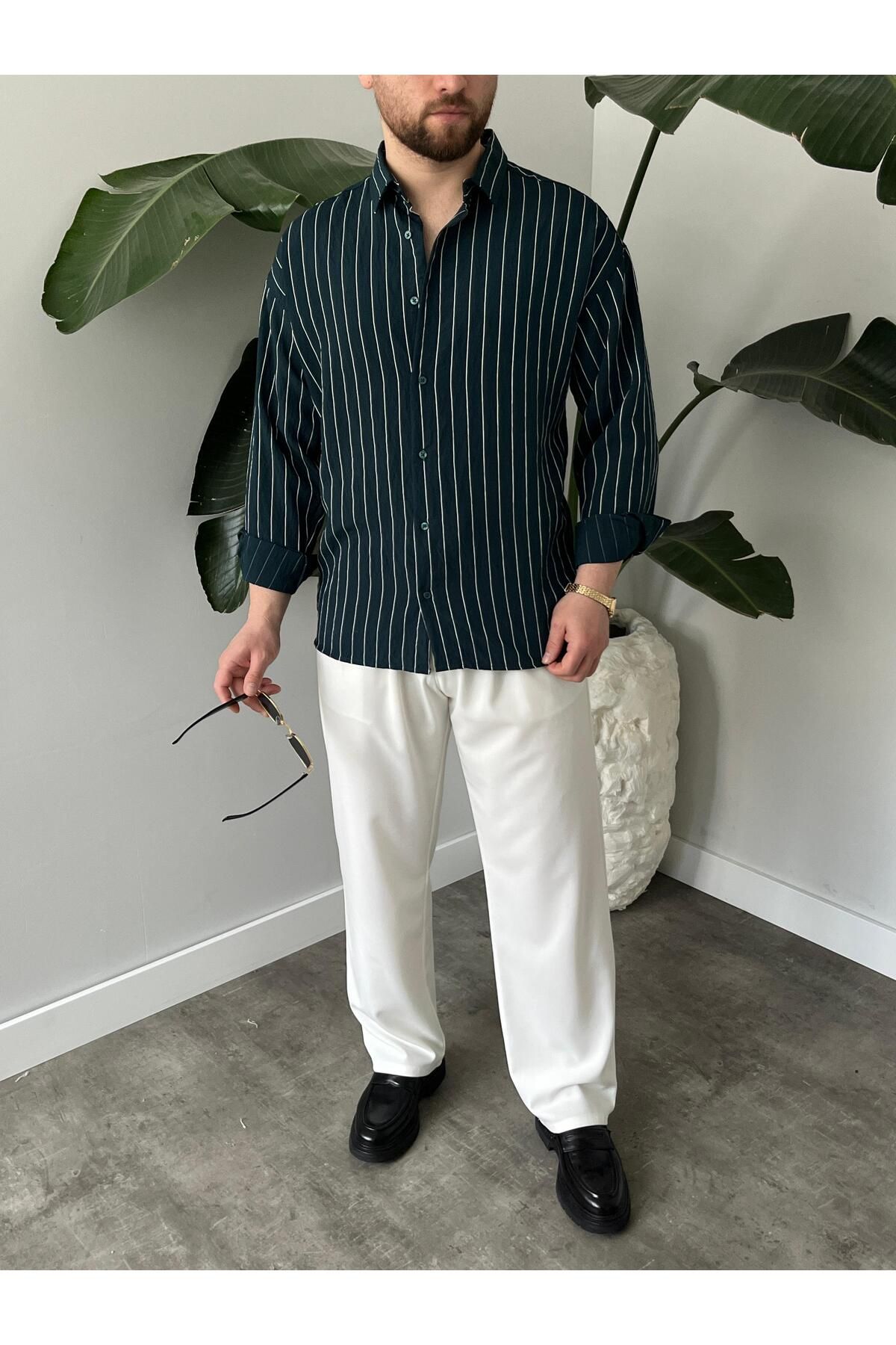 HAWKKİNG Erkek Oversize Çizgili Modal Gömlek