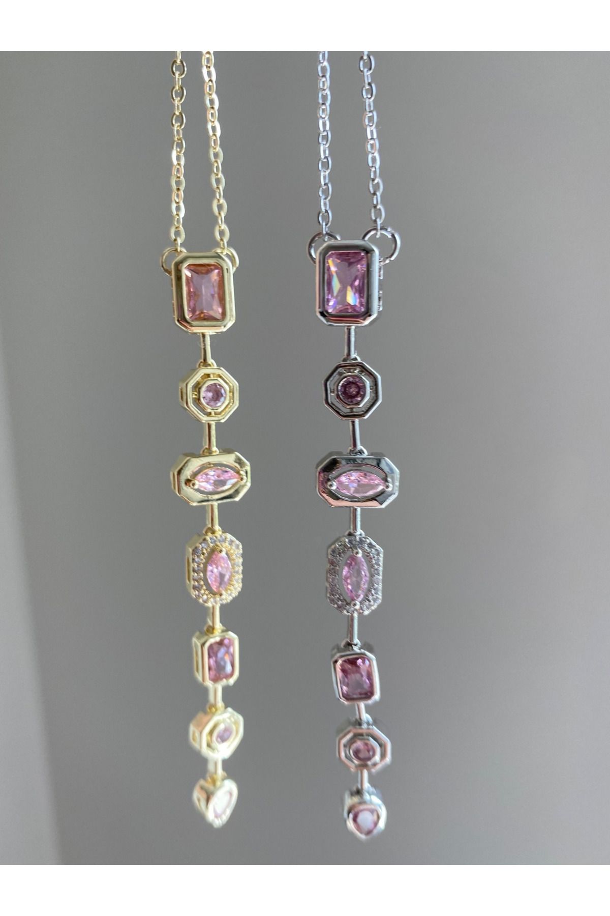 Vadısh store Pembe Taşlı Özel Tasarım Gold&Silver Y Kolye