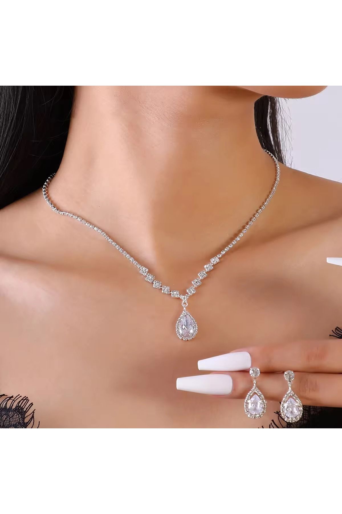 BEREN KILIÇ Cosima Kristal Taşlı Takı Seti Kolye Küpe Hediye Set Düğün Nişan Söz Nikah Takı Seti
