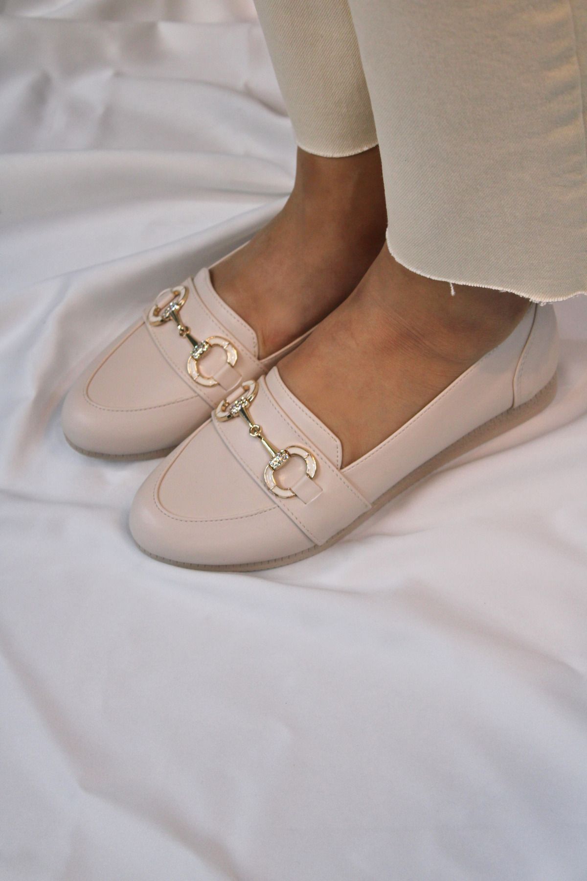 mybellashoes Mybella Bej Kadın Zincir Tokalı Loafer Ayakkabı