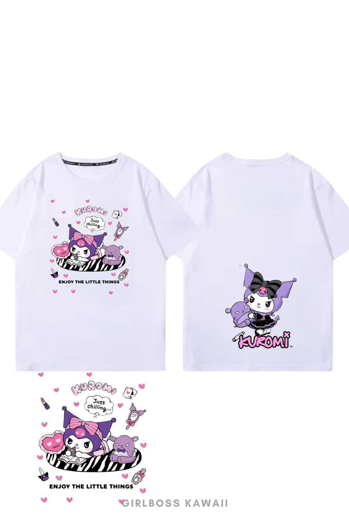 Girlboss Kawaii Girlboss Kuromi basic t-shirt çift taraf baskılı - tüm yaşlar unisex
