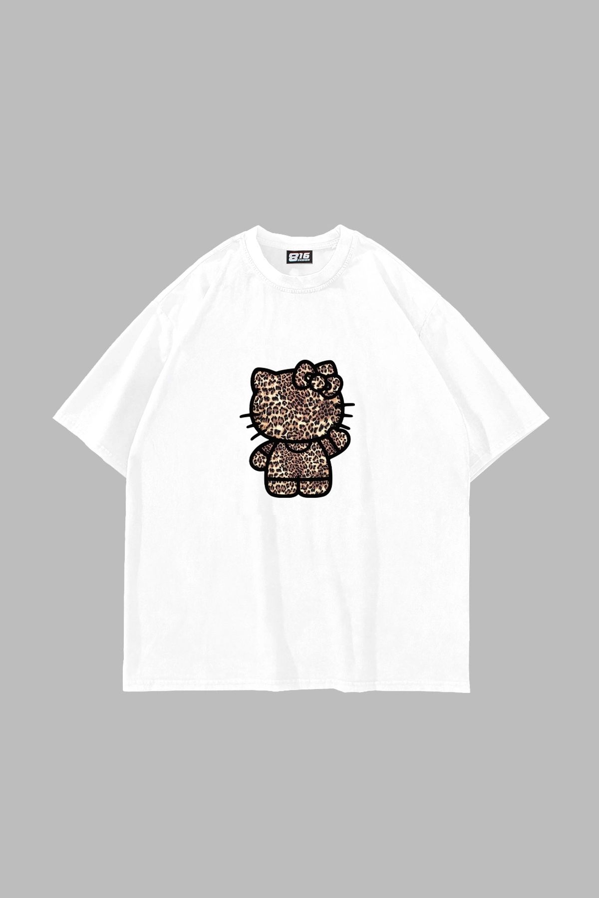 Sekizbiraltı Leopard Kitty Baskılı Oversize Unisex Beyaz Tshirt