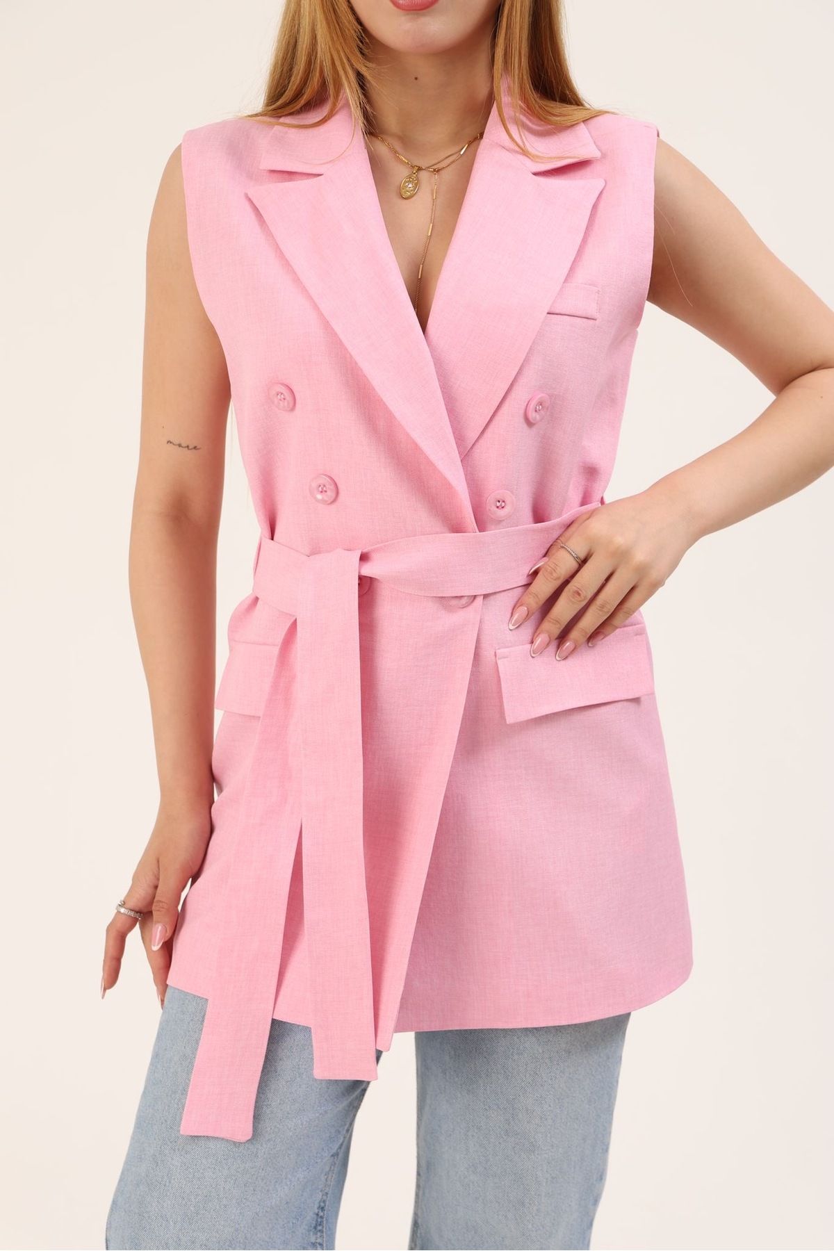 Ekim Store Düğmeli Kuşaklı Oversize Blazer Yelek Ceket