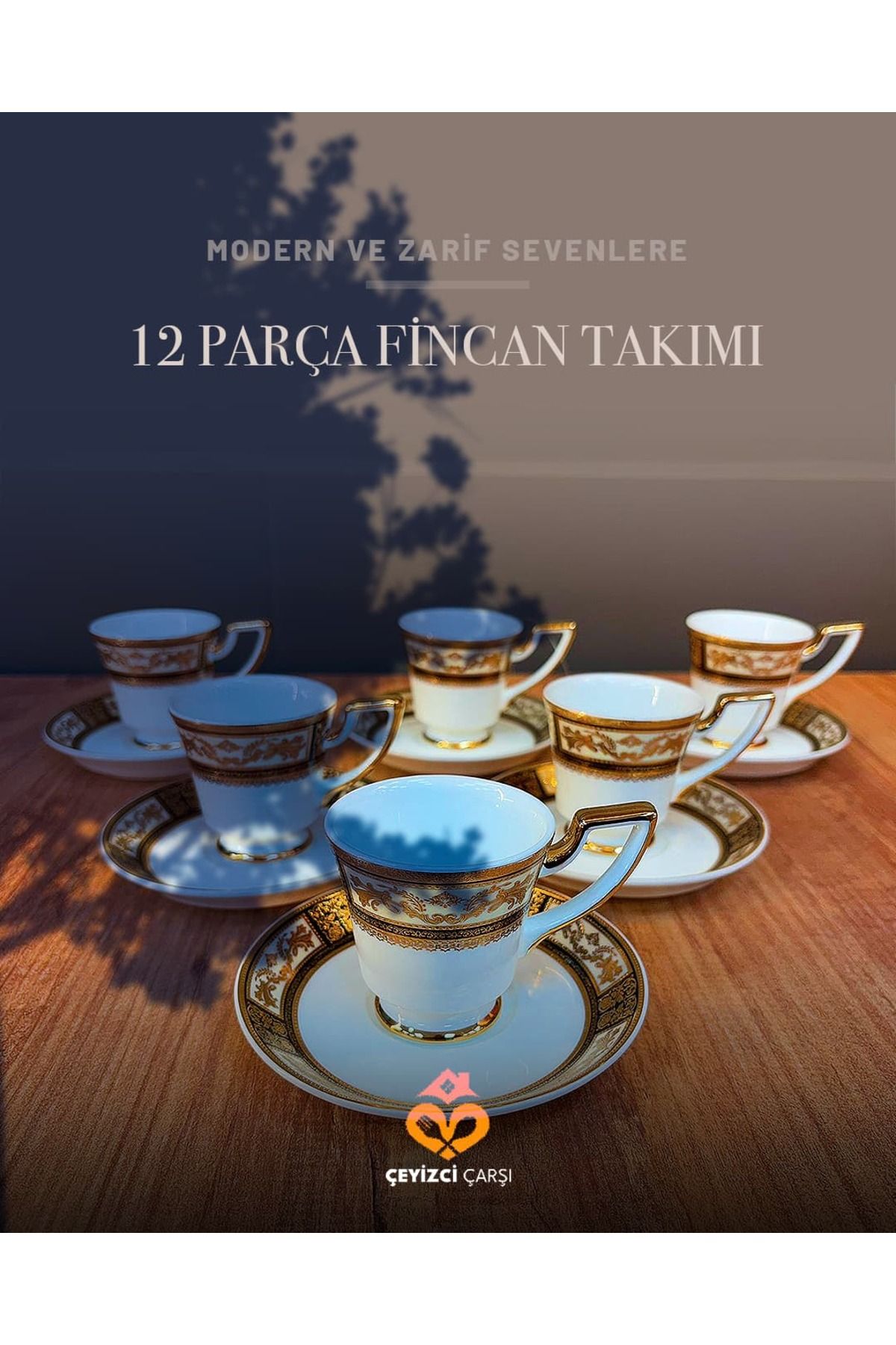 ÇEYİZCİ ÇARŞI ARADIĞIN HERŞEY TEK TIKLA 12 Parça Altın Desenli Klasik Kahve Fincan Takımı – Lüks ve Zarif Çeyizlik Porselen