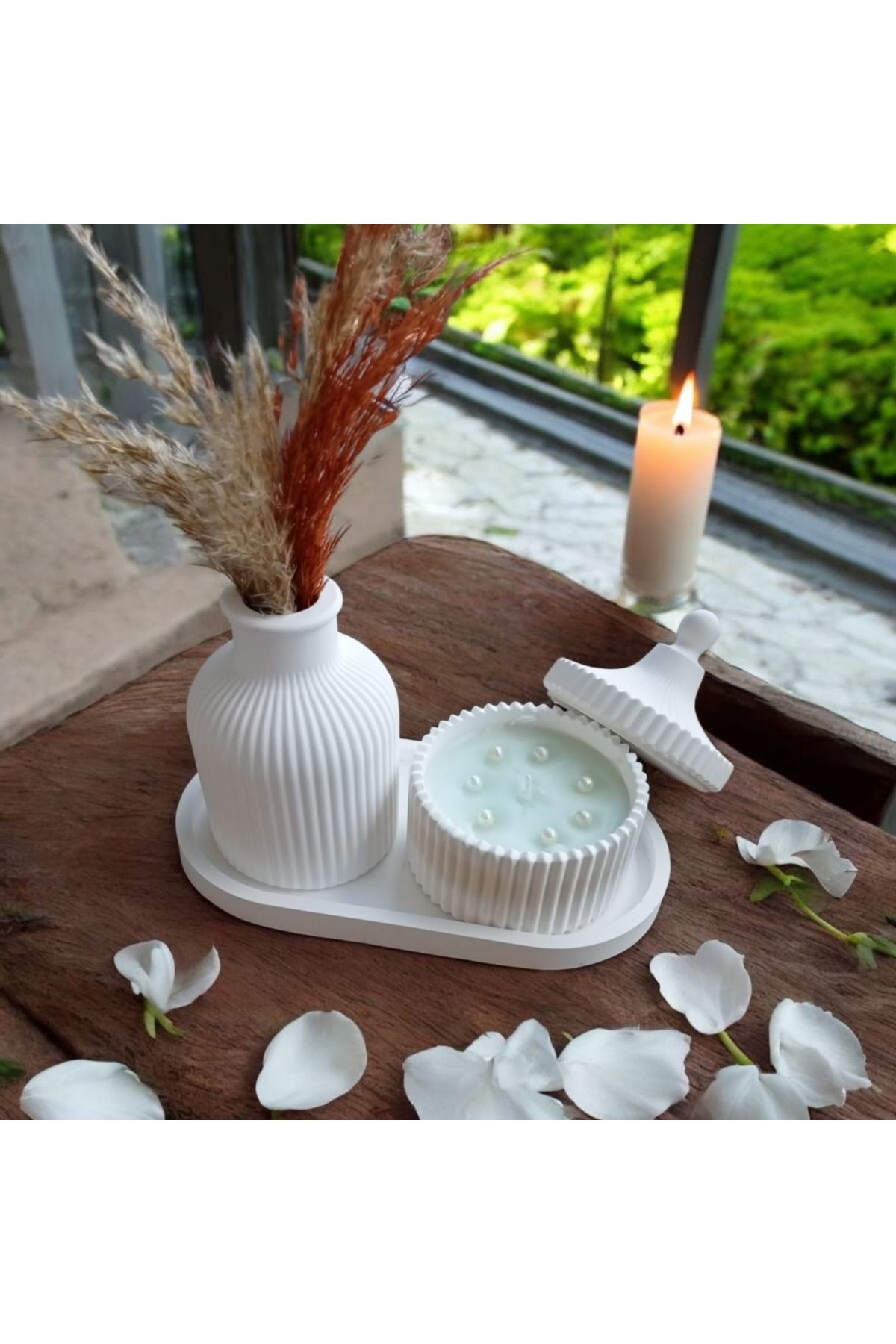 YILDIZ DECOR İskandinav Dekoratif Vazo, Kapaklı Mumluk ve şekerlik içinde Mum Tabaklı Set