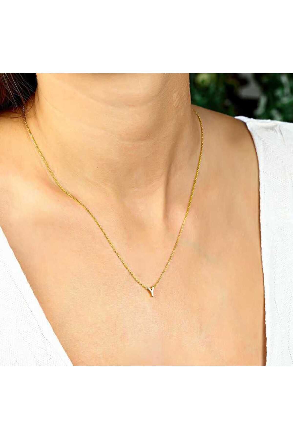 Emperium Gümüş Gold 3 Boyutlu Y Harf Kolye