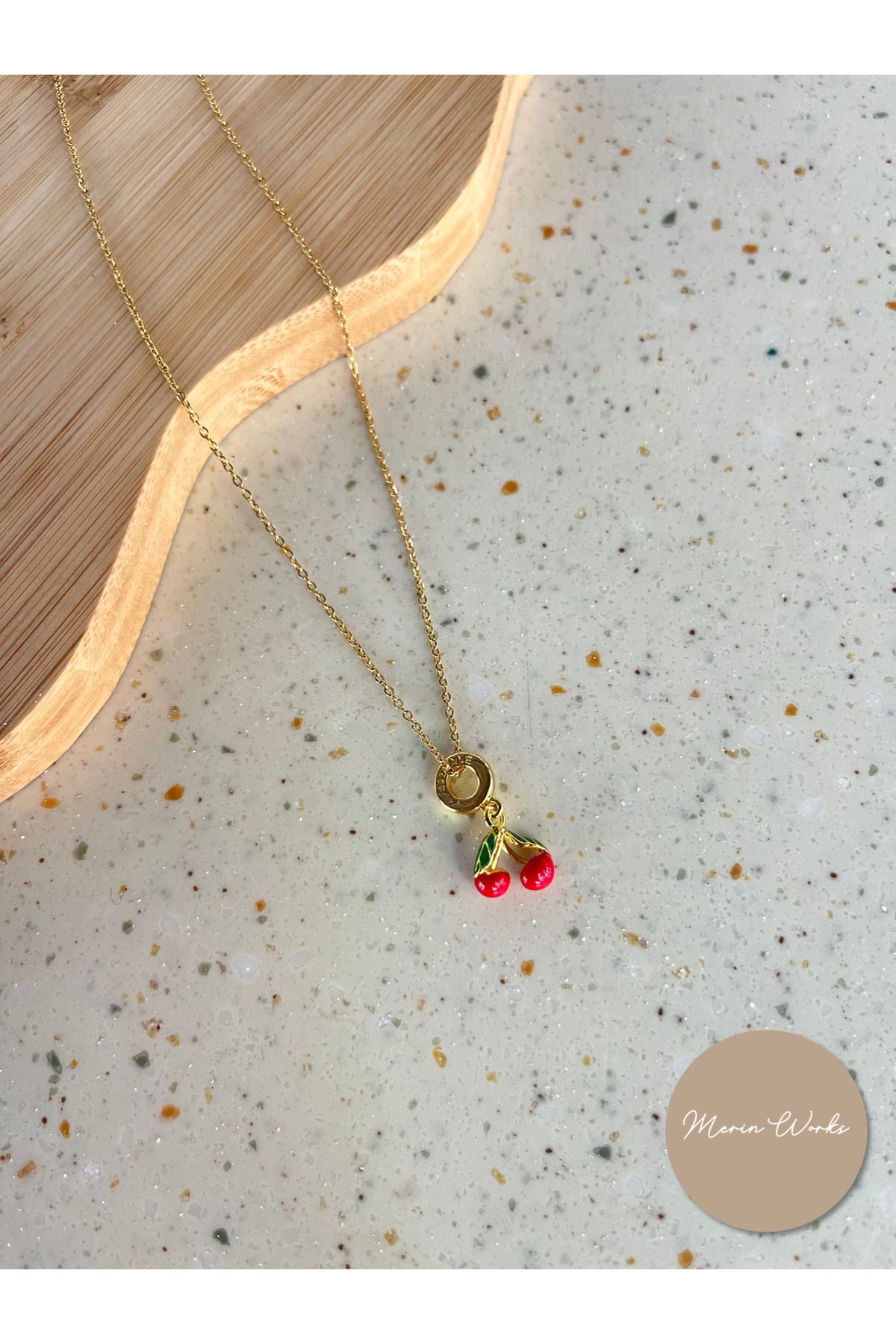 Butik Gold Kiraz Charm Çelik Kolye Ayarlanabilir Zincirli