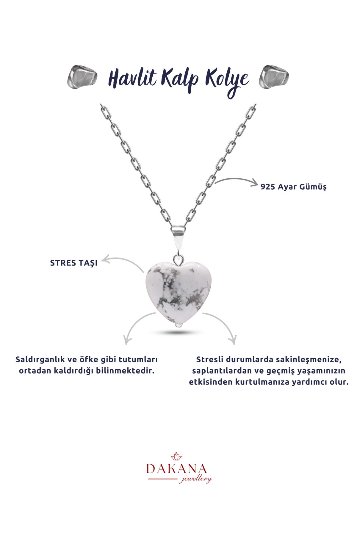 DAKANA JEWELLERY Sertifikalı Kalp Kesim Havlit Doğal Taş Gümüş Kolye