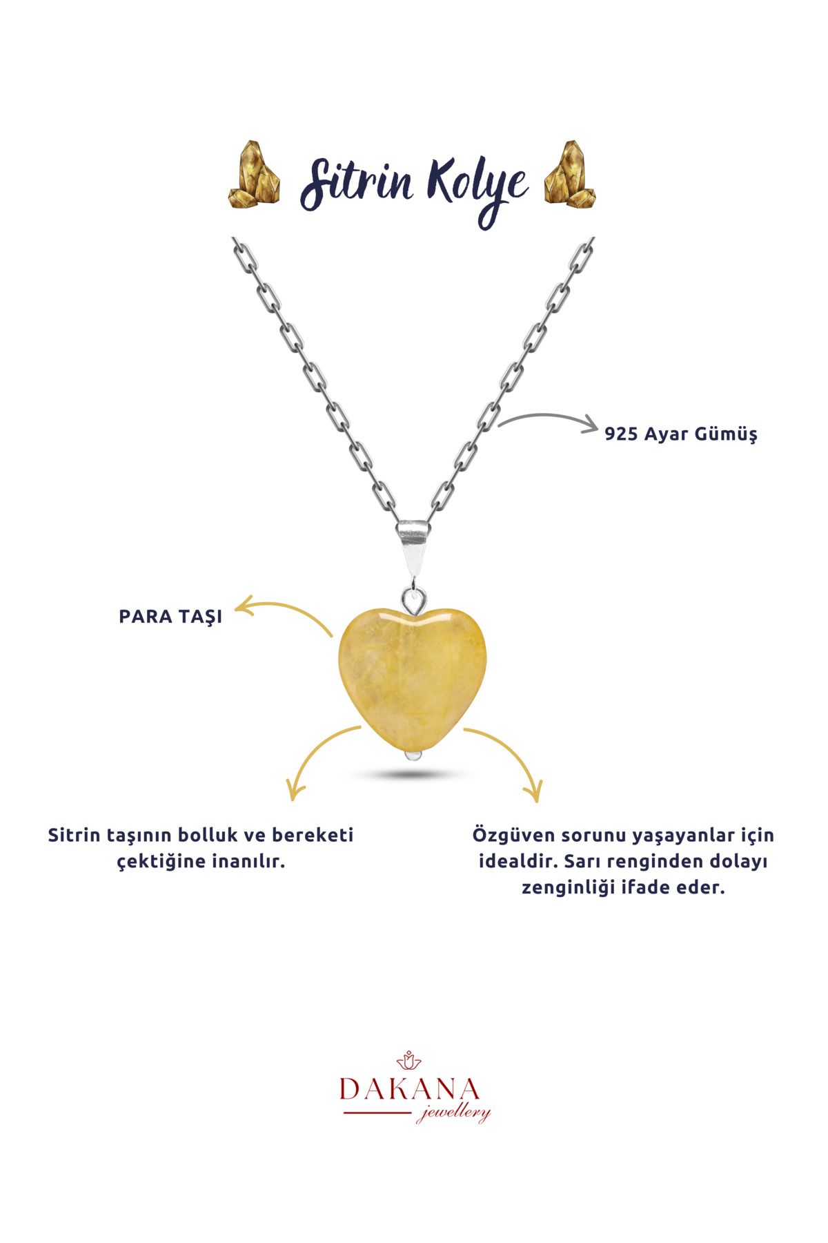 DAKANA JEWELLERY Sertifikalı Kalp Kesim Sitrin Doğal Taş Gümüş Kolye