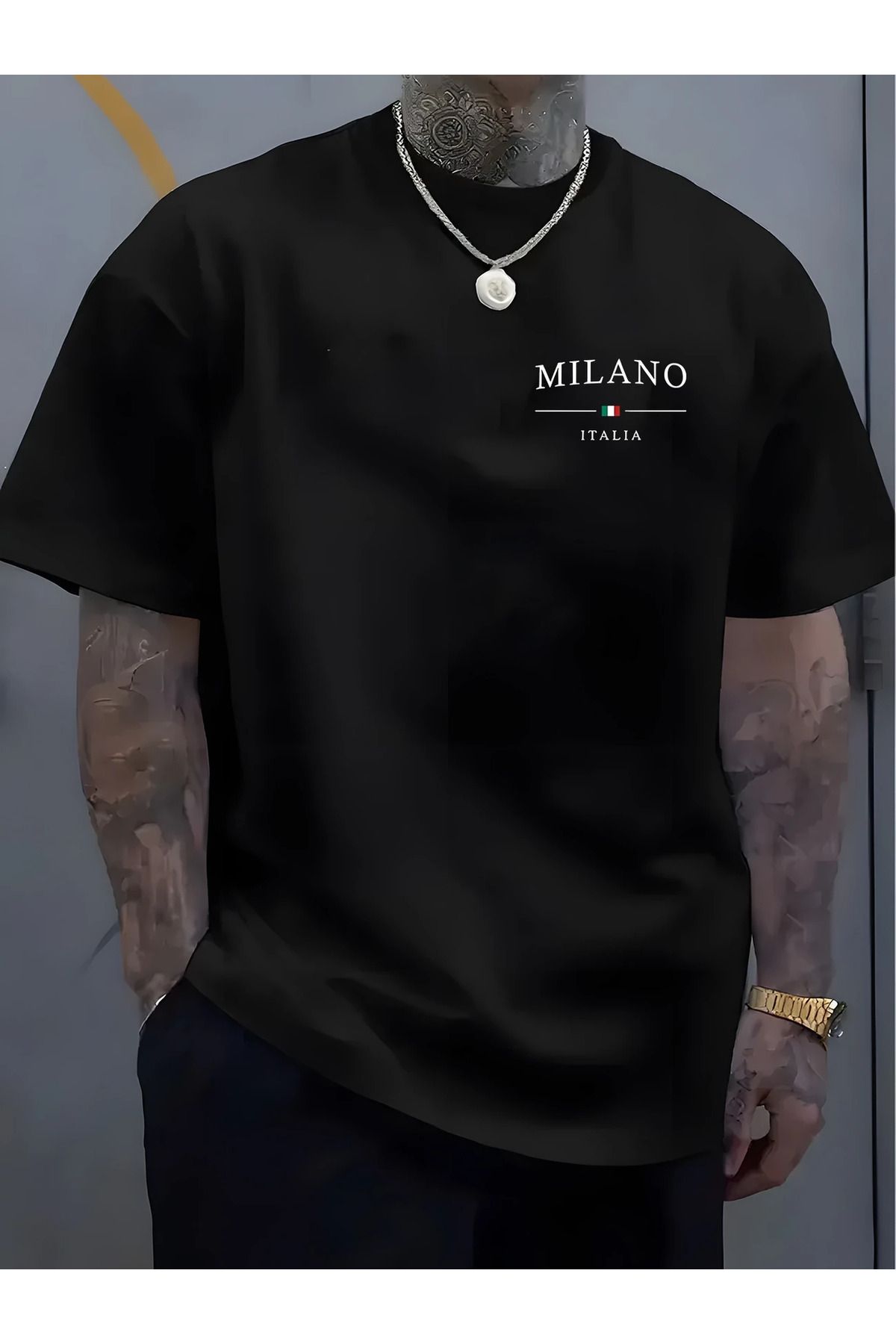 İnazuma Outdoors Unisex Oversize Baskılı Pamuklu Bisiklet Yaka Kısa Kollu SİYAH T-shirt Milano İtalia