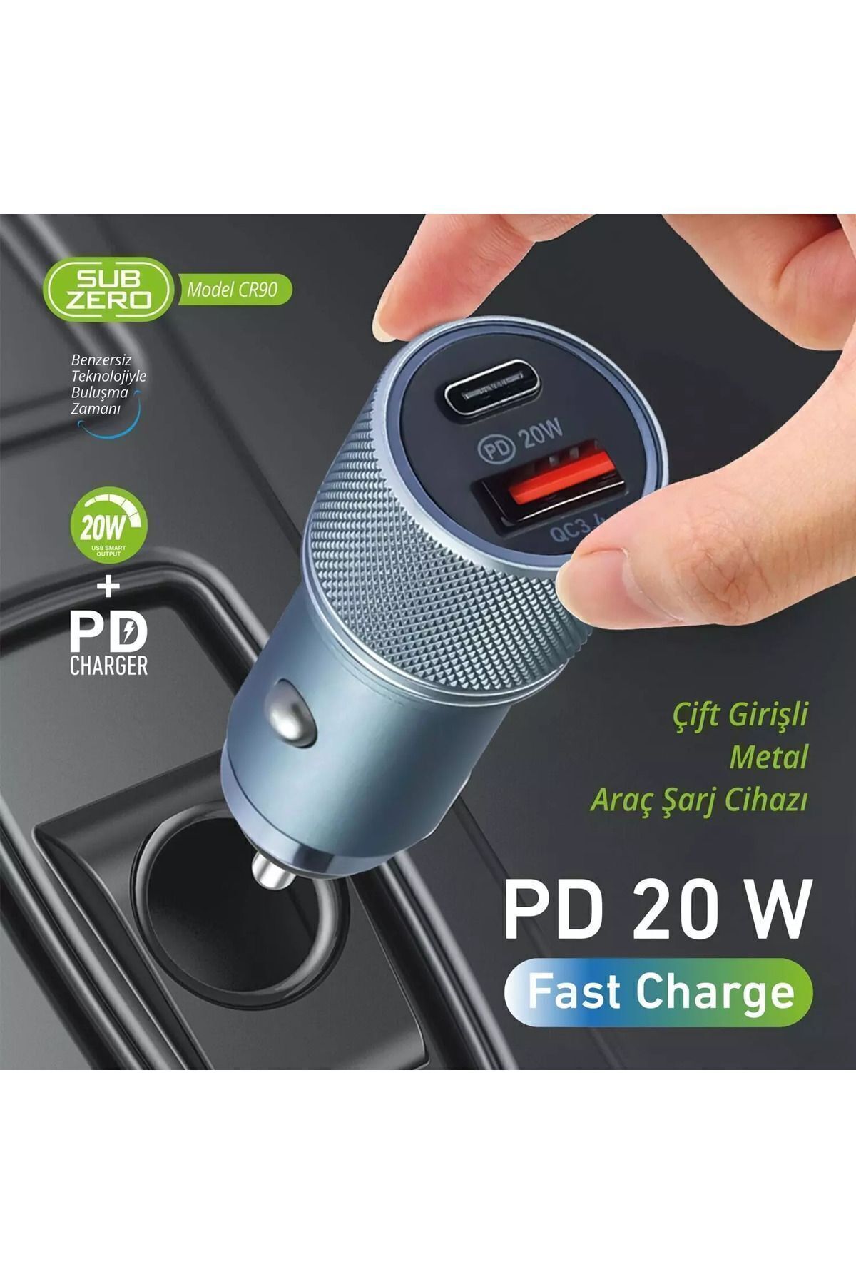 gunkes subzero Çakmaklık USB + Type-C Çıkışlı 20W Uyumlu Şarj Aleti Başlık