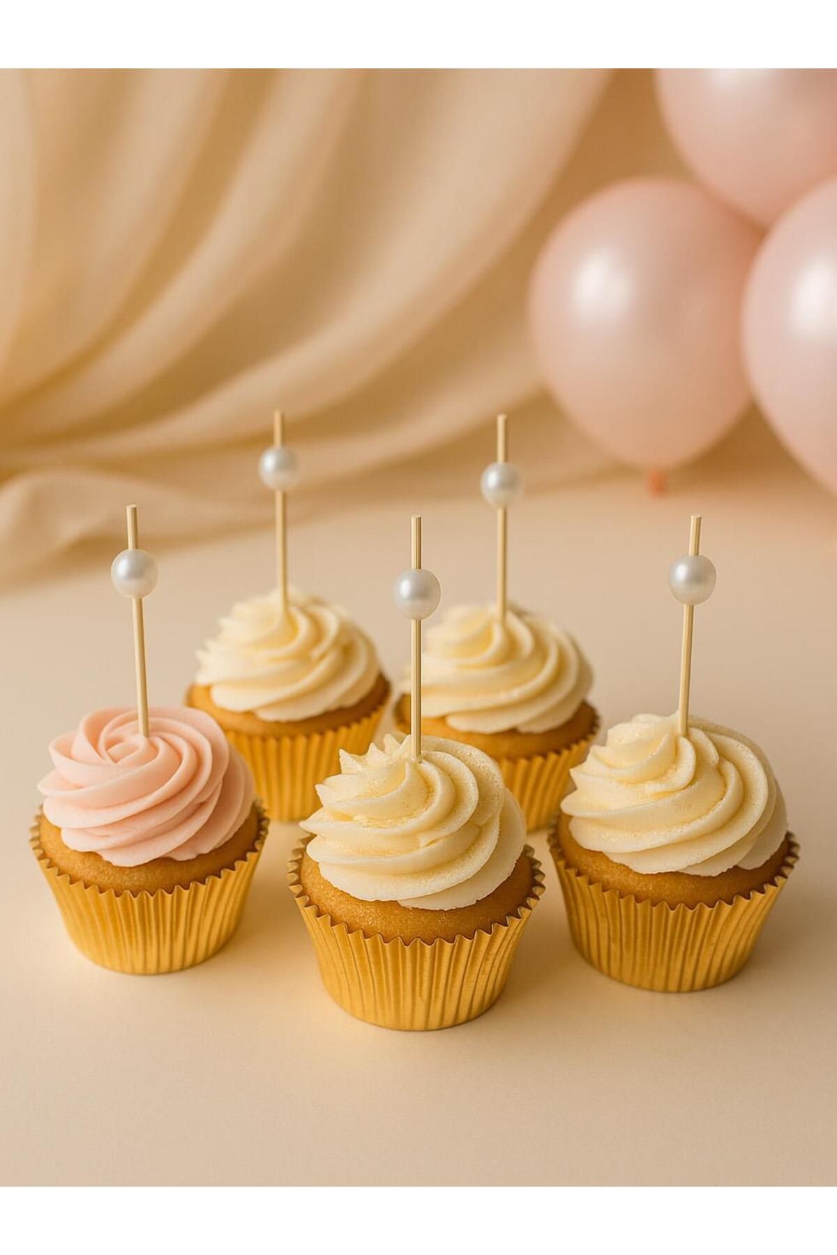 Parti Adresi İncili Kürdan Süslü Dekoratif Cupcake Kokteyl Kürdanı Beyaz 12'li