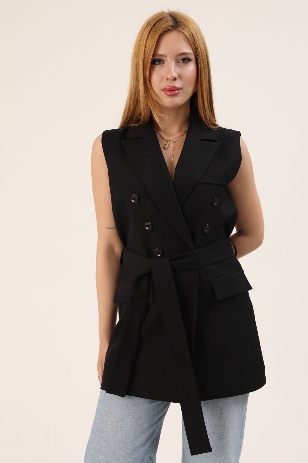 Ekim Store Düğmeli Kuşaklı Oversize Blazer Yelek Ceket