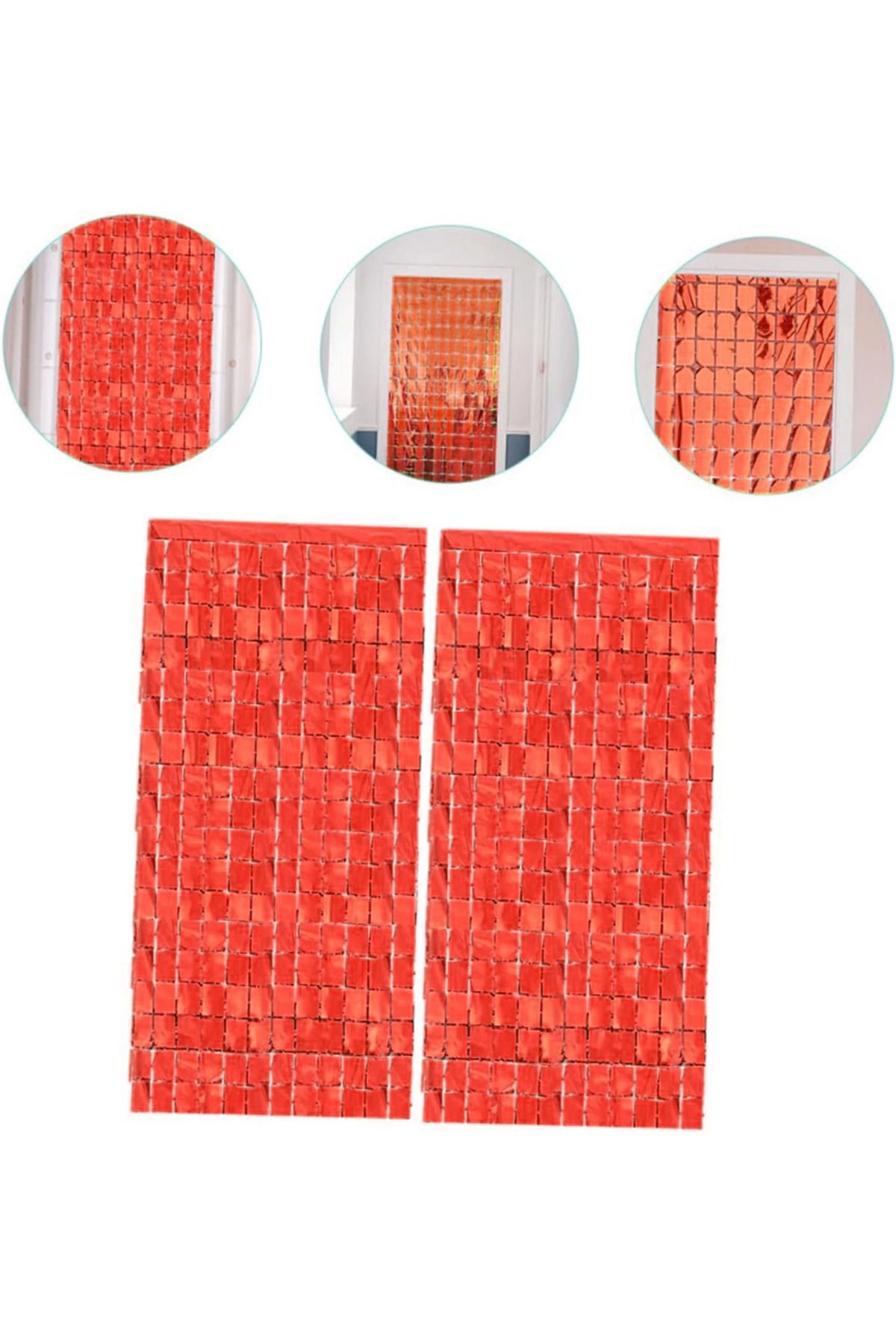 Modafiks Ekstra Metalize Kırmızı Renk Disko Dikdörtgen Kesim Kapı Perdesi Dekorasyon 1x2 Metre