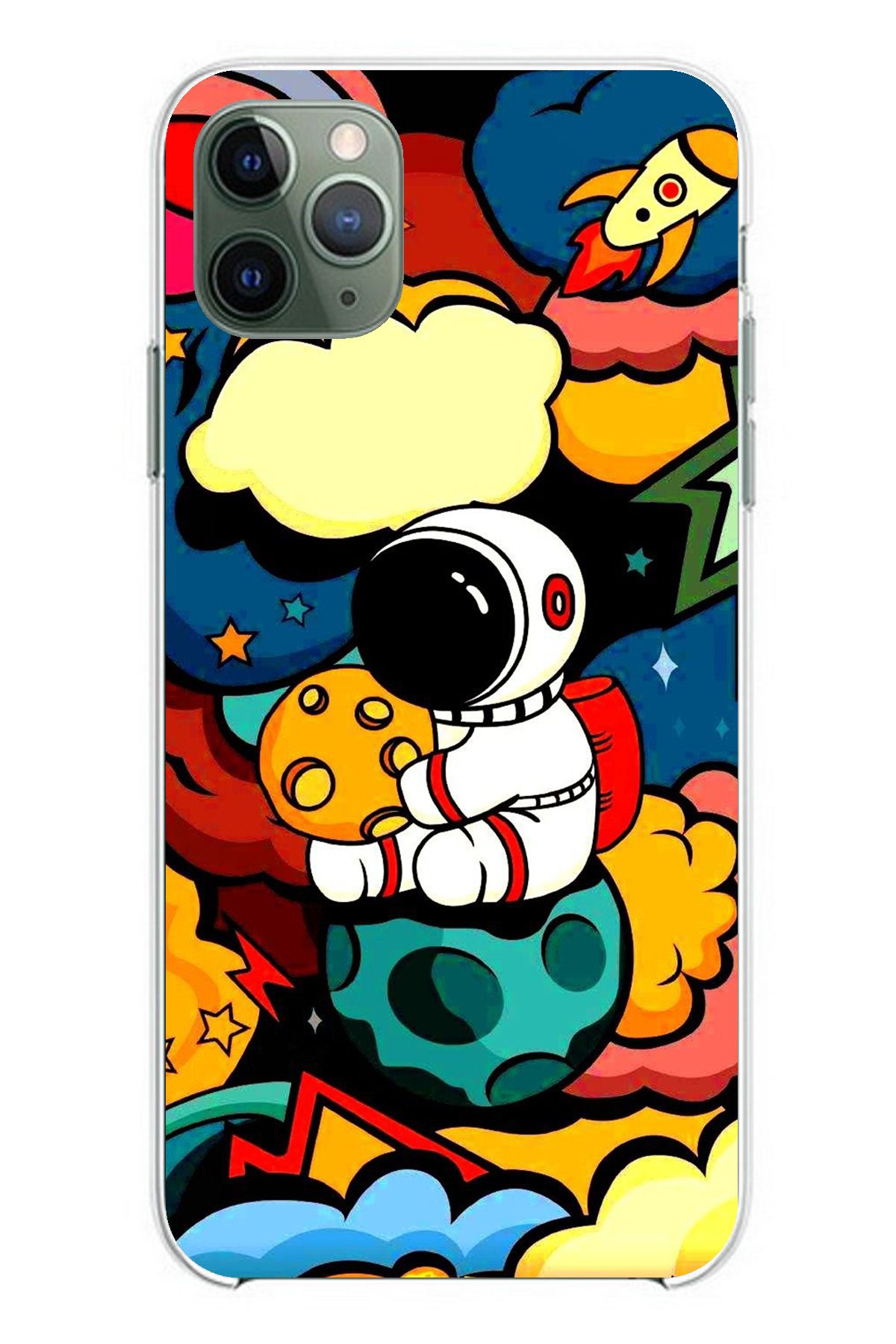 TechTree iPhone 11 PRO Uyumlu Renkli Astronot Tasarımlı Şeffaf Silikon Kılıf