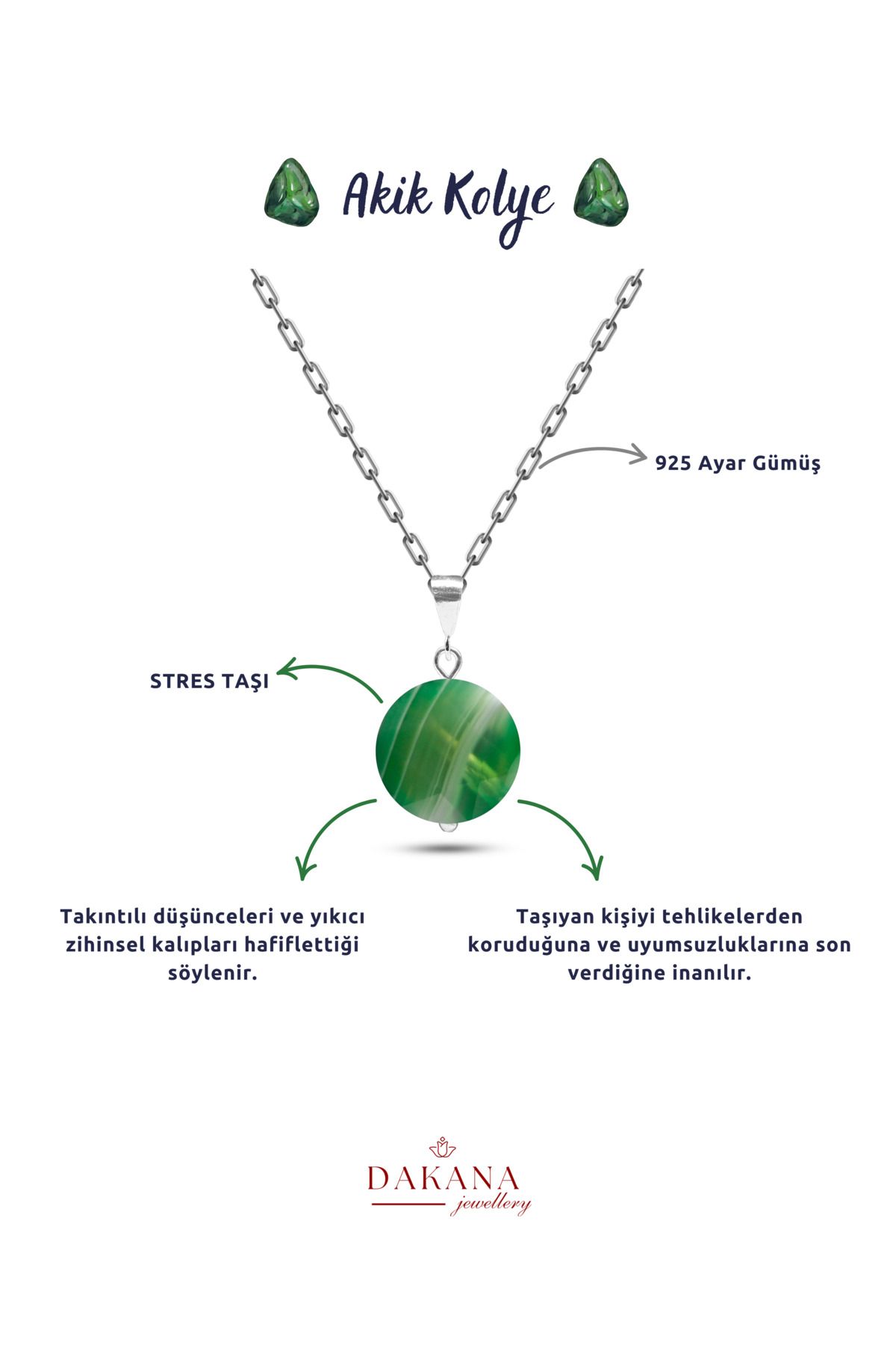 DAKANA JEWELLERY Sertifikalı Faset Kesim Yeşil Akik Doğal Taş Gümüş Kolye