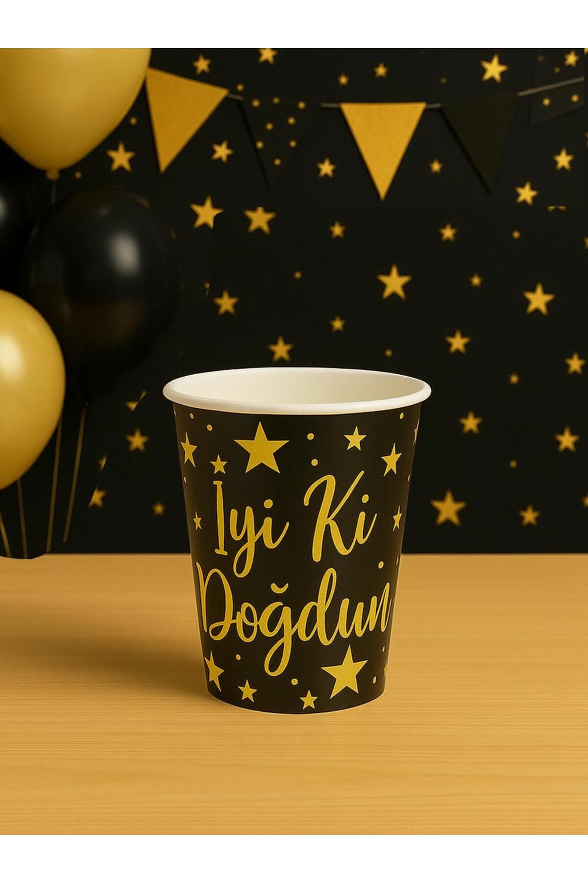 Parti Adresi Karton Bardak Doğum Günü Parti Bardağı Gold İyi ki Doğdun Yazılı Siyah 8'li