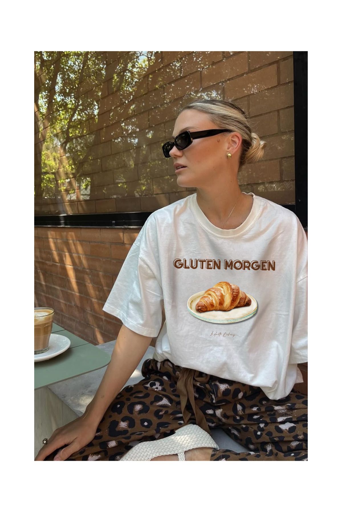 Le'sluette shadow of style Gluten Morgen Kruvasan Baskılı %100 Pamuk Oversiz T-shirt
