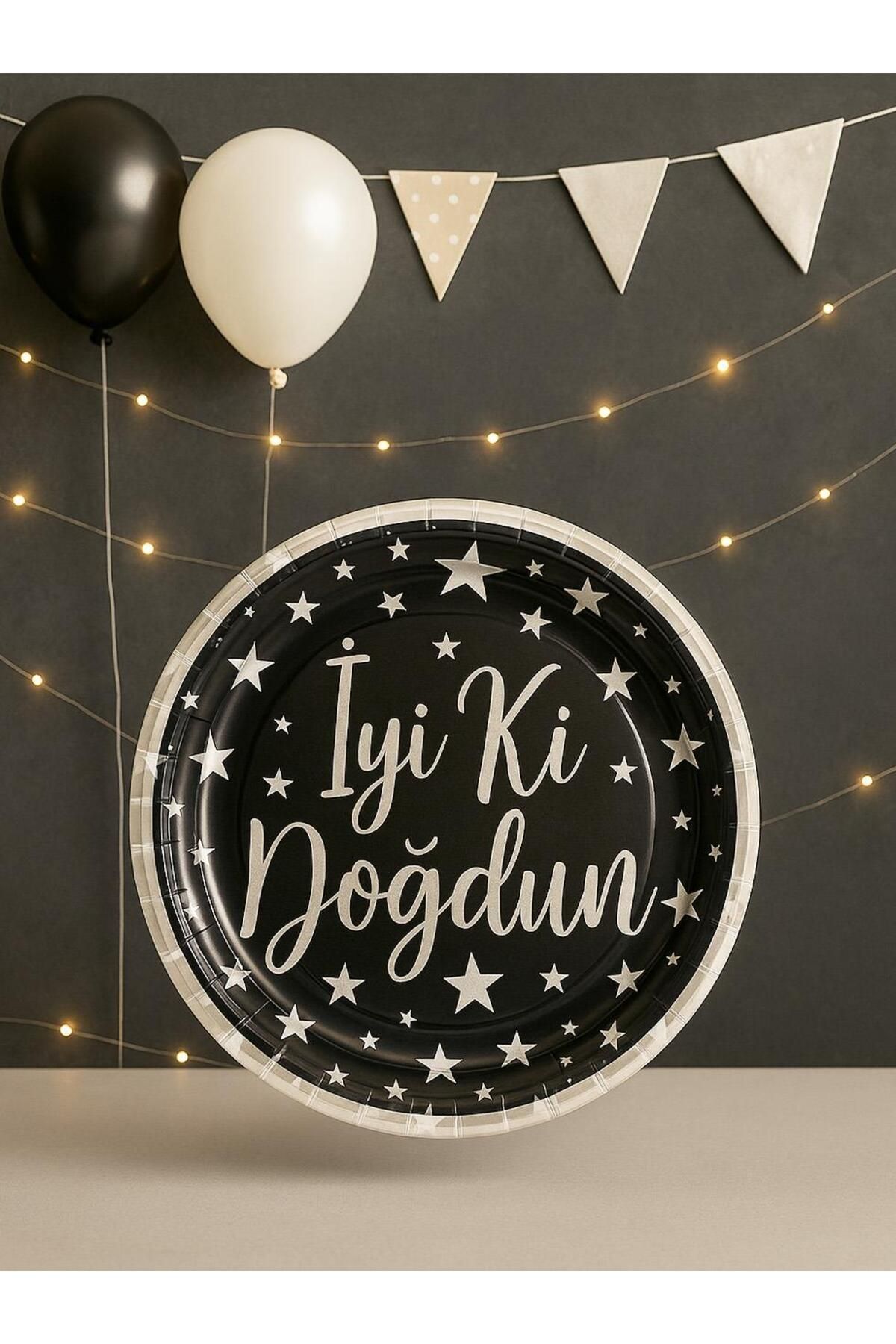 Parti Adresi Karton Tabak Doğum Günü Parti Tabağı Gümüş İyi ki Doğdun Yazılı Siyah 8'li