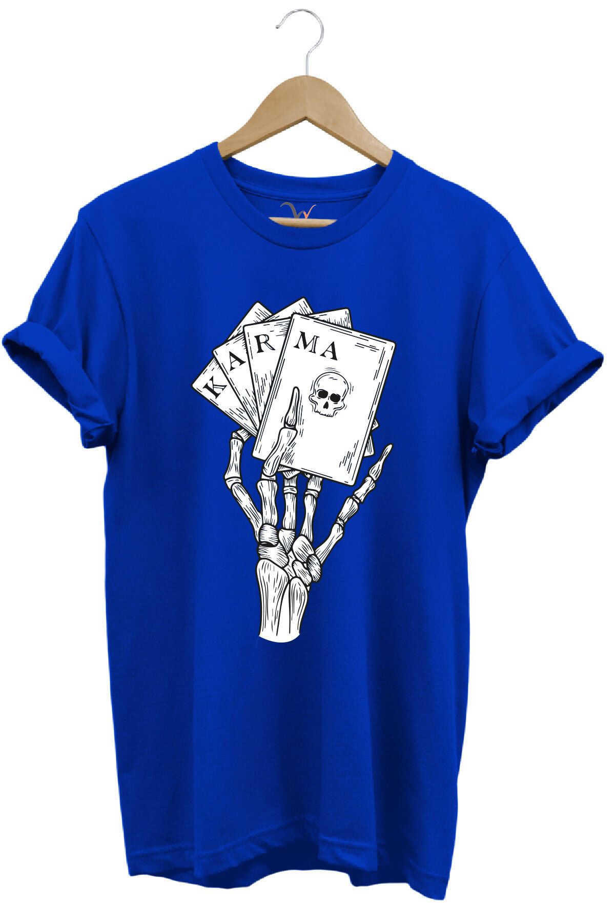 onsrawear Gotik Karma İskelet El Poker Kartları Baskılı Unisex %100 Pamuk Basic Bisiklet Yaka T-shirt