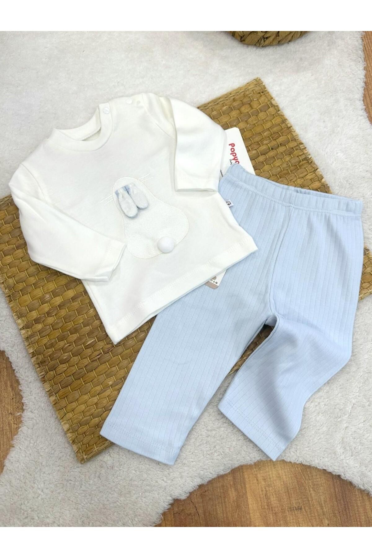 Papyon Baby Kids Süzene Tavşan Nakışlı Erkek Bebek 2li Takım (3-6/6-9/9-12/12-18 Ay)