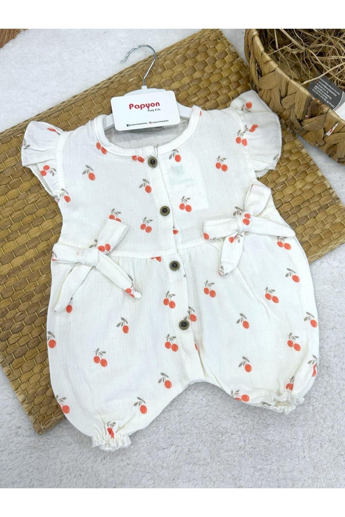 Papyon Baby Kids Kiraz Desenli Fiyonklu Kız Bebek Yazlık Müslin Tulum (3-6/6-9/9-12/12-18 Ay)