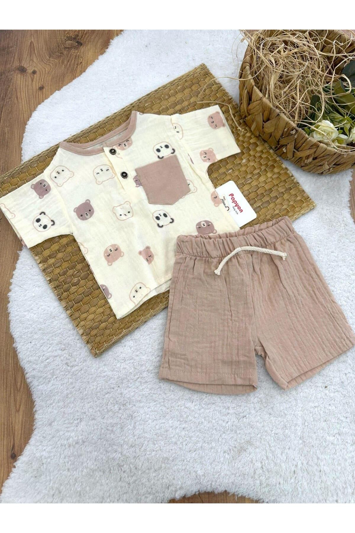 Papyon Baby Kids Ayıcık Desenli Cepli Tişört Şort Erkek Bebek Müslin Takım (6-9/9-12/12-18/18-24 Ay)