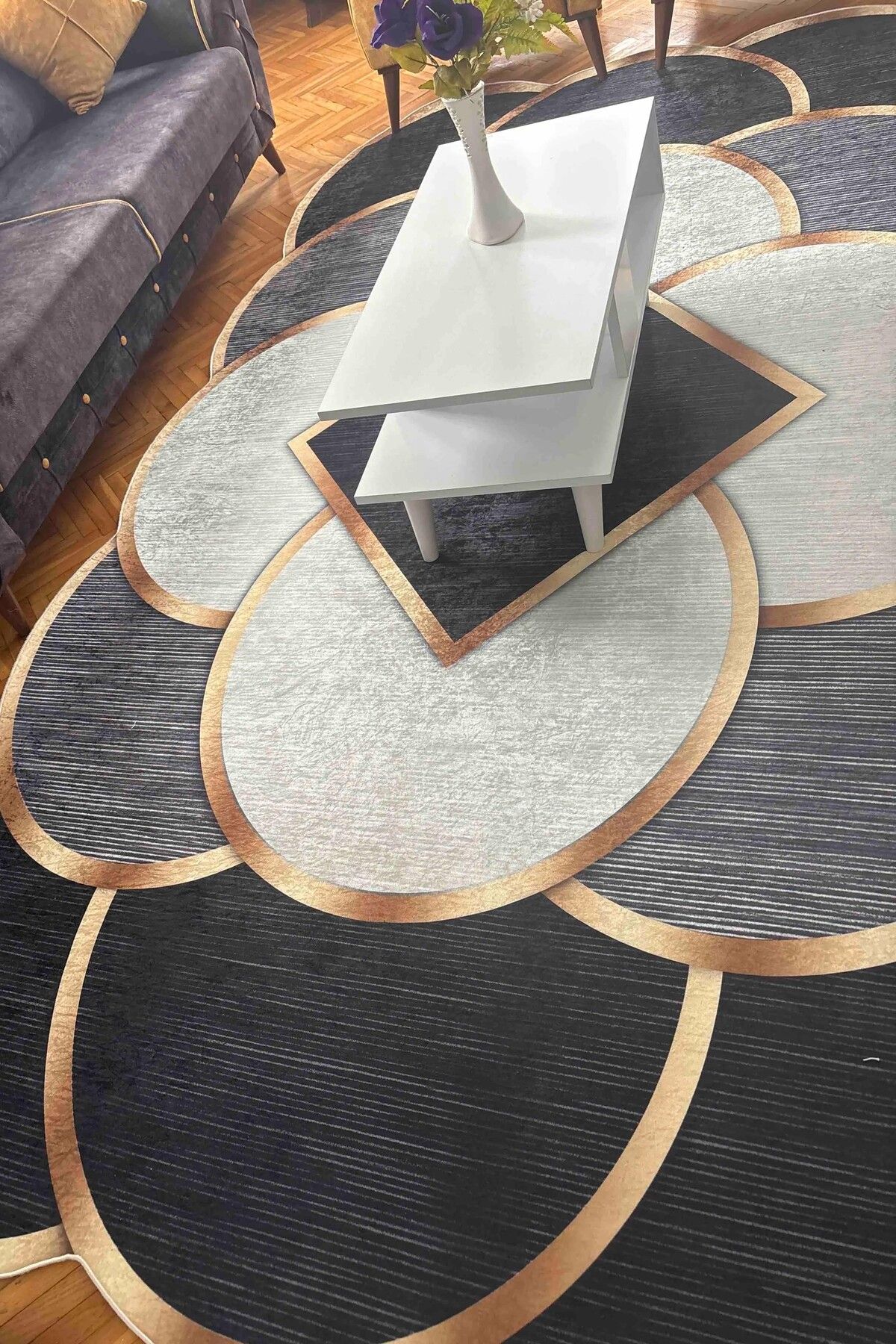VOPTEKS Lazer Kesim Siyah Halı Makinede Yıkanabilir Kaymaz Taban Salon Halısı