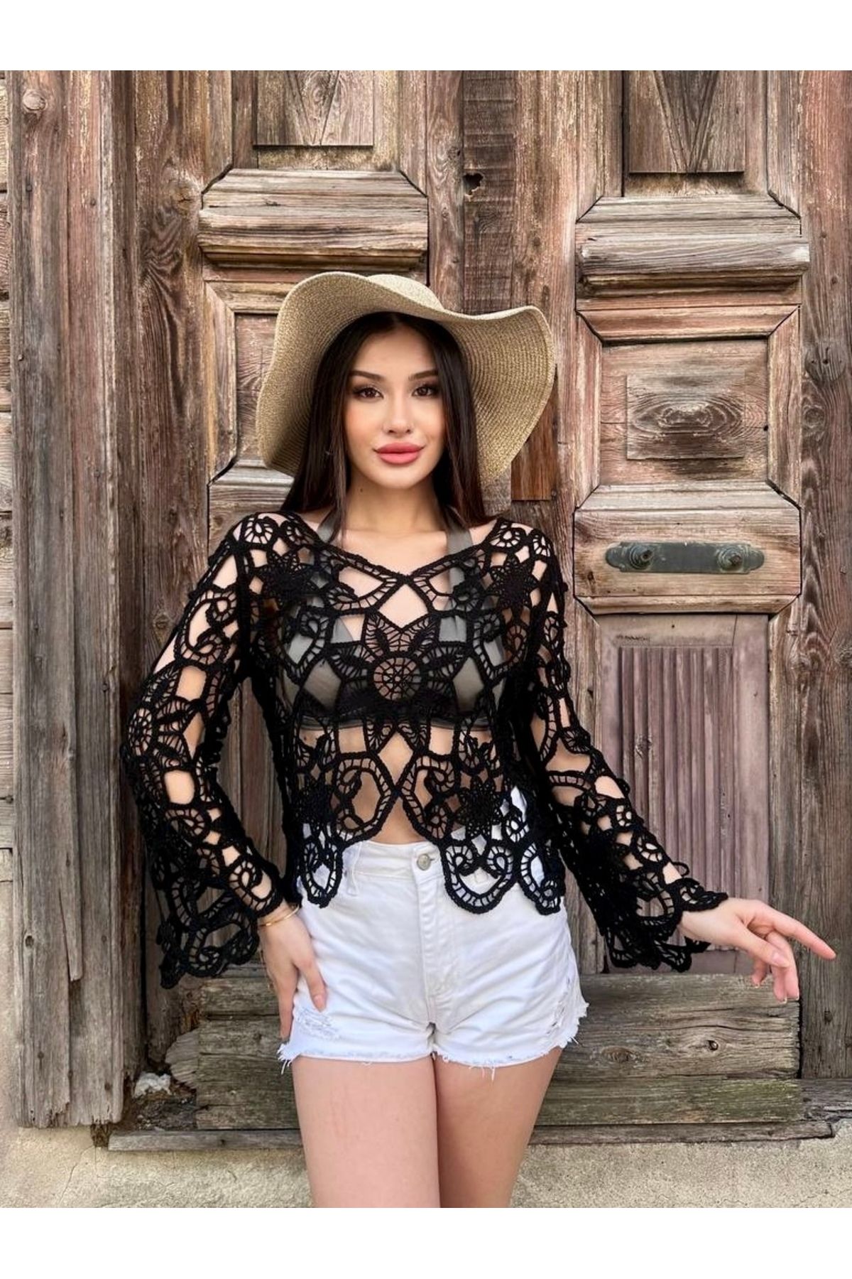 HandCo Kadın Siyah Örgü Uzun Kollu Crop Top V Yaka Ajurlu Bluz