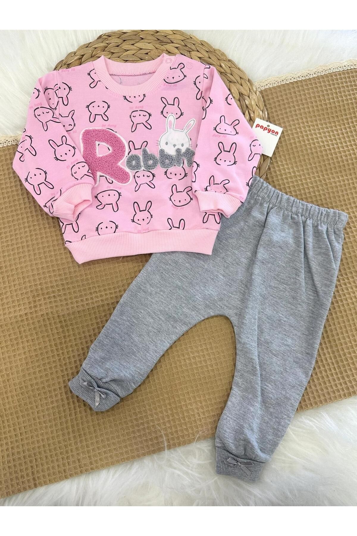 Papyon Baby Kids Süzene Rabbit Nakışlı Kız Bebek 2ip Penye Takım 6-9/9-12/12-18 Ay