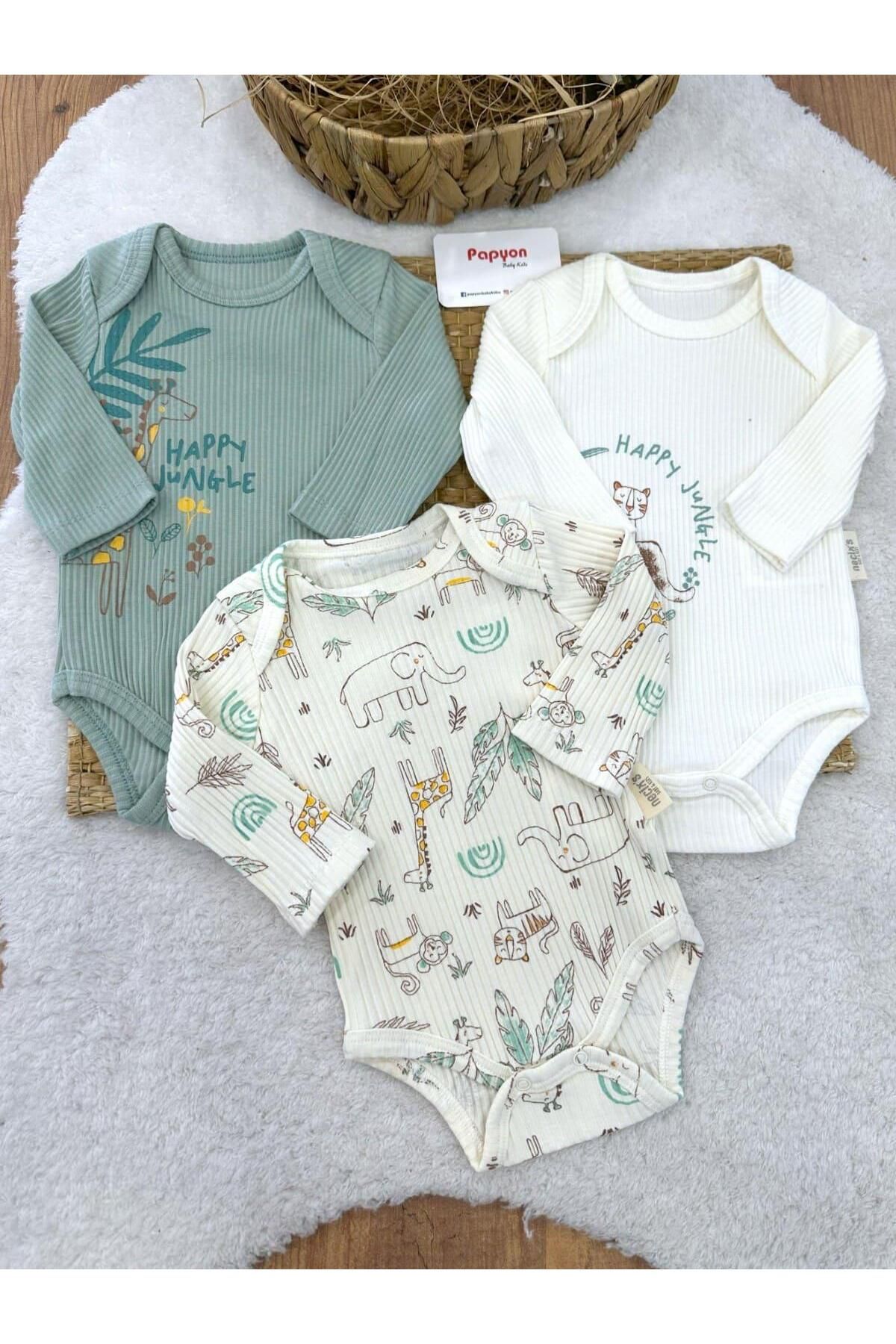 Papyon Baby Kids Kiev Happy Jungle Fitilli Uzun Kollu Erkek Bebek 3lü Çıtçıtlı Badi (0-3/3-6/6-9 Ay)